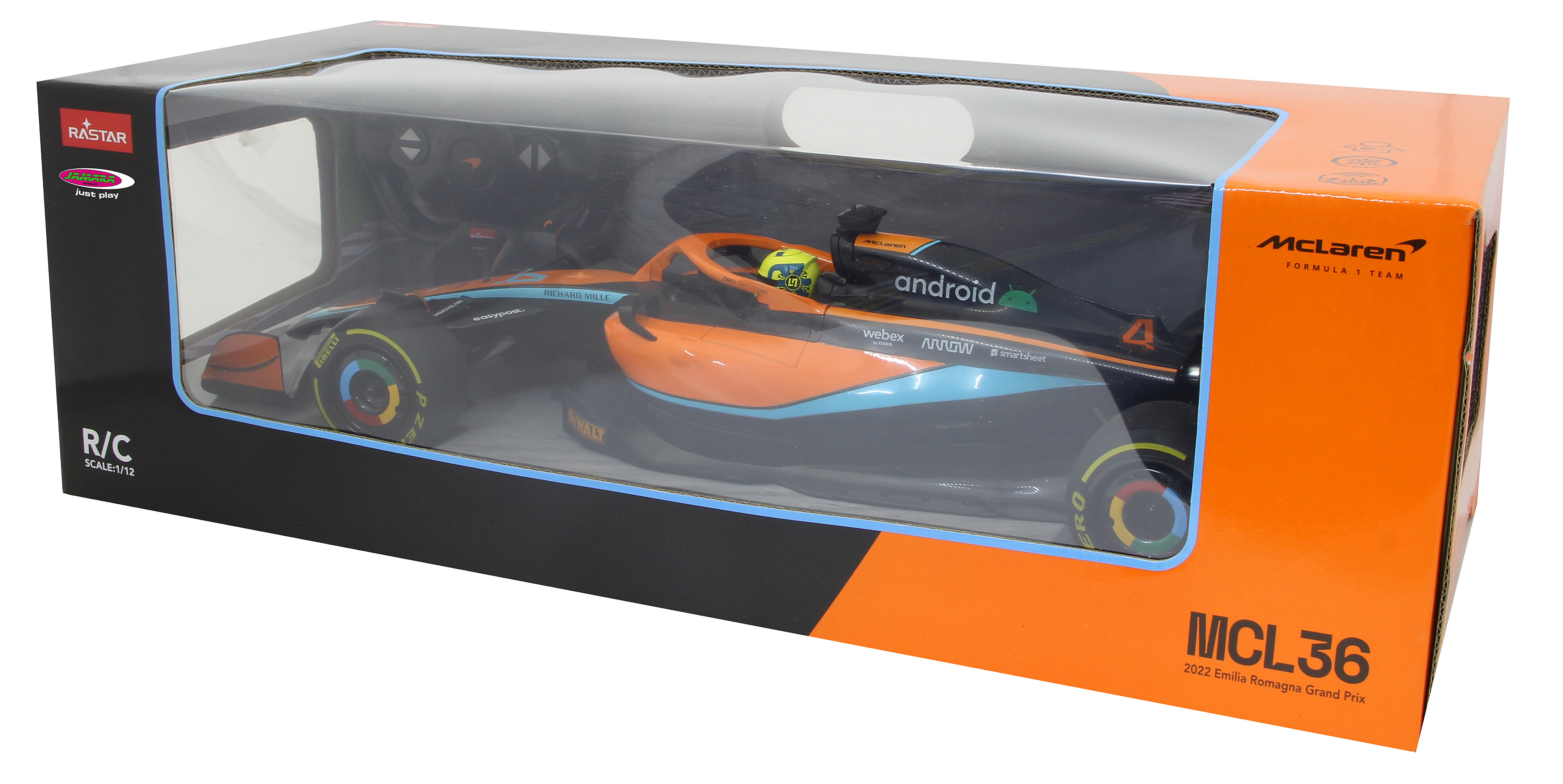 Ein McLaren MCL36 Formel-1-Spielzeugauto im Karton mit Android- und Webex-Logos.
