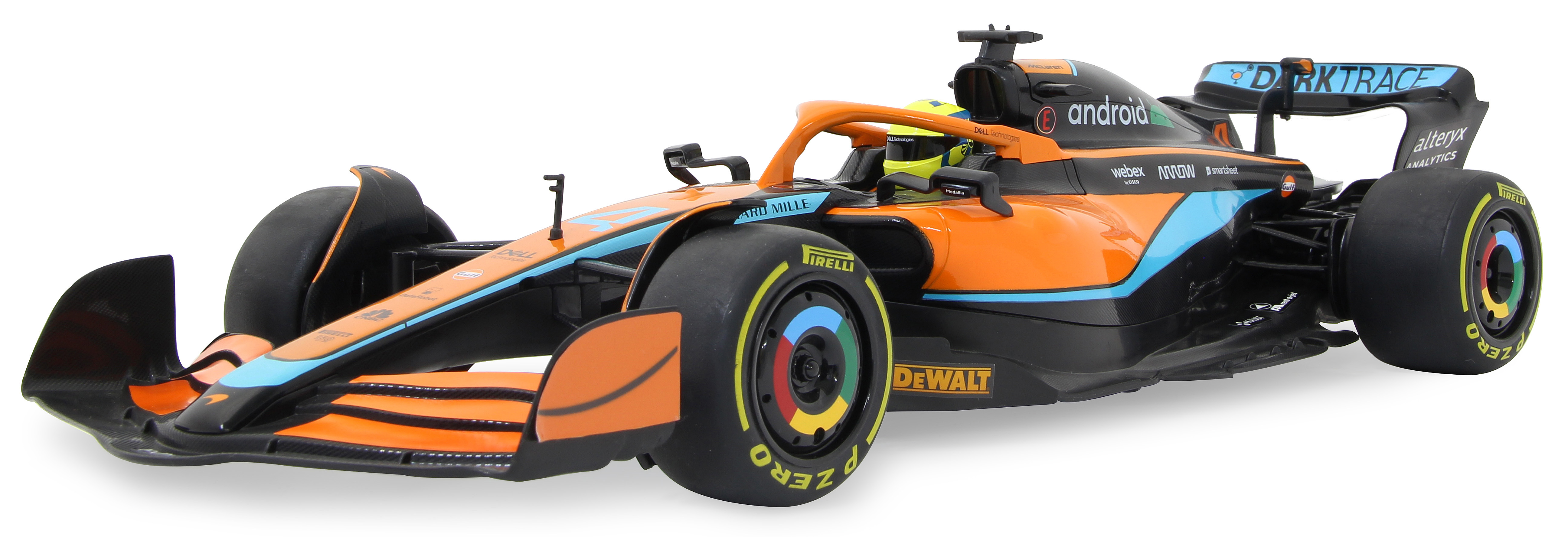 Ein orangefarbener Formel-1-Rennwagen mit blauen Akzenten steht auf weißem Hintergrund.