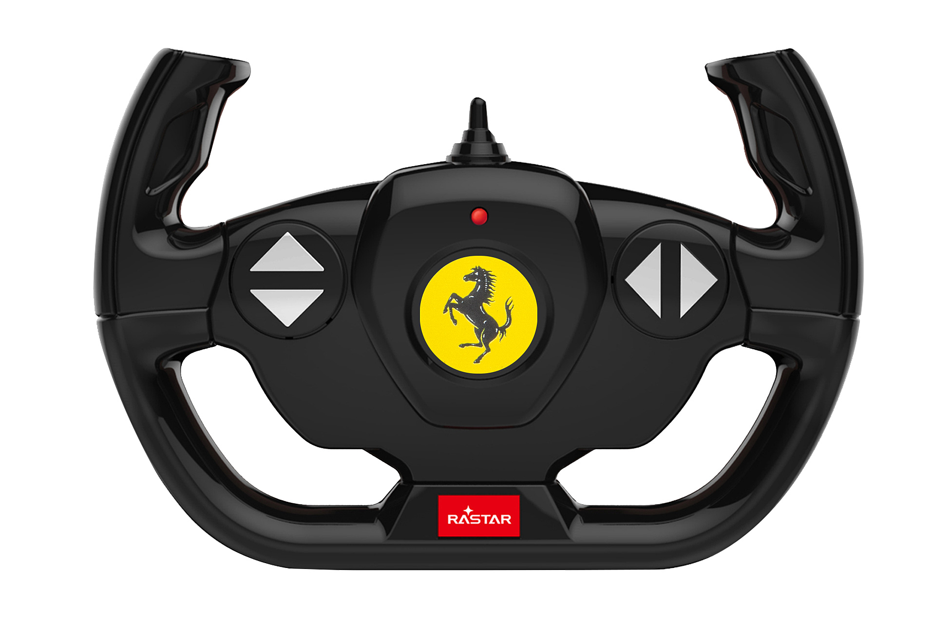 Schwarzes Ferrari-Rennlenkrad mit gelbem Emblem und Pfeiltasten.