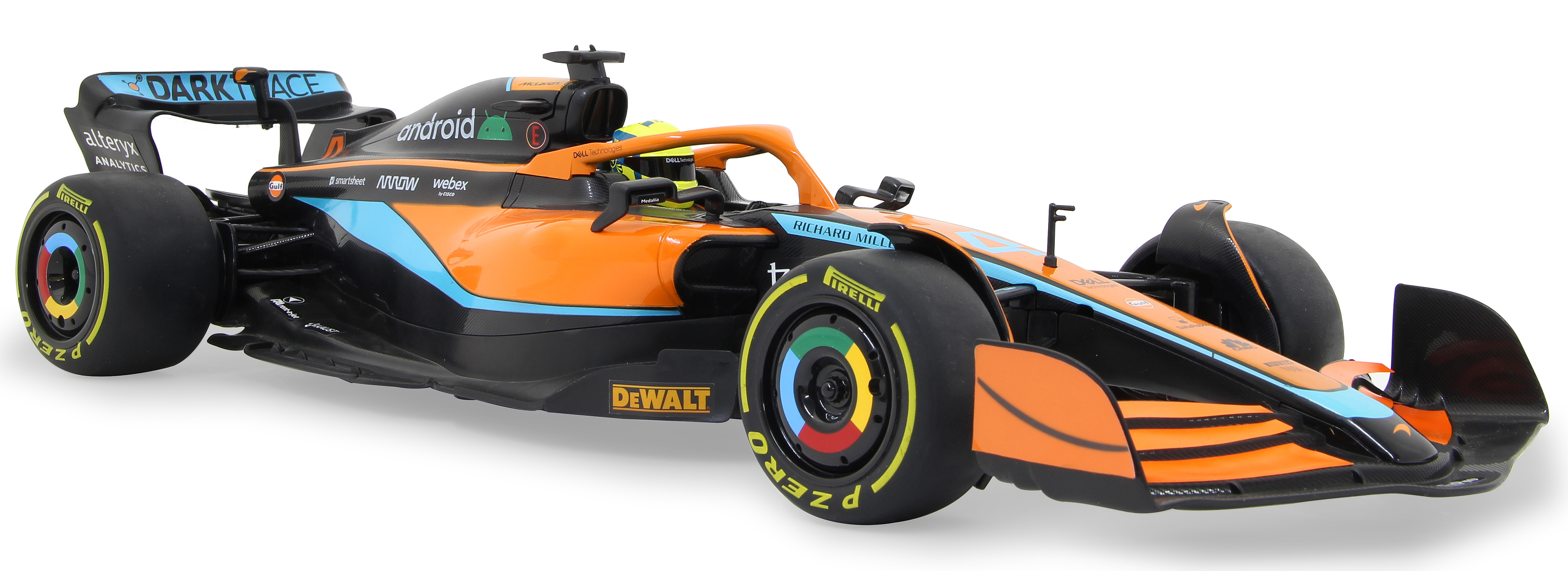 Ein orange-schwarzer Formel-1-Wagen mit blauen Akzenten und Sponsorenlogos.