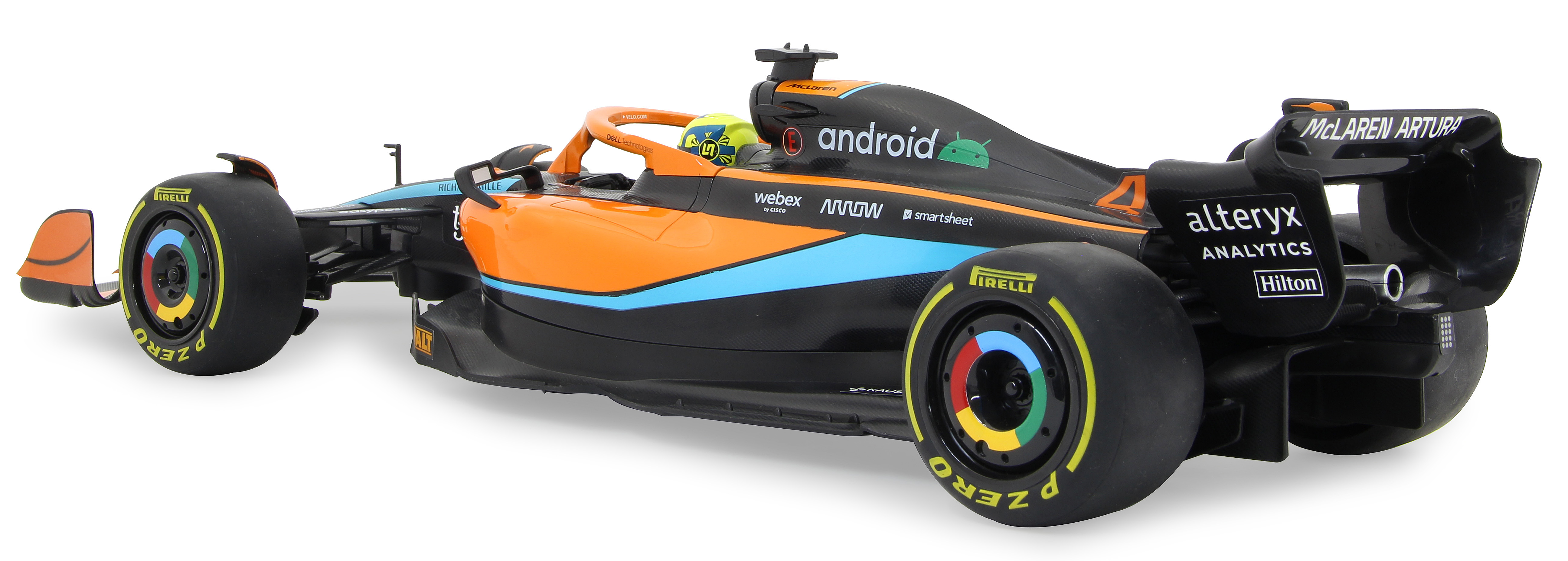 Ein orange-schwarzer McLaren Formel-1-Wagen mit blauen Streifen und Android-Logo.