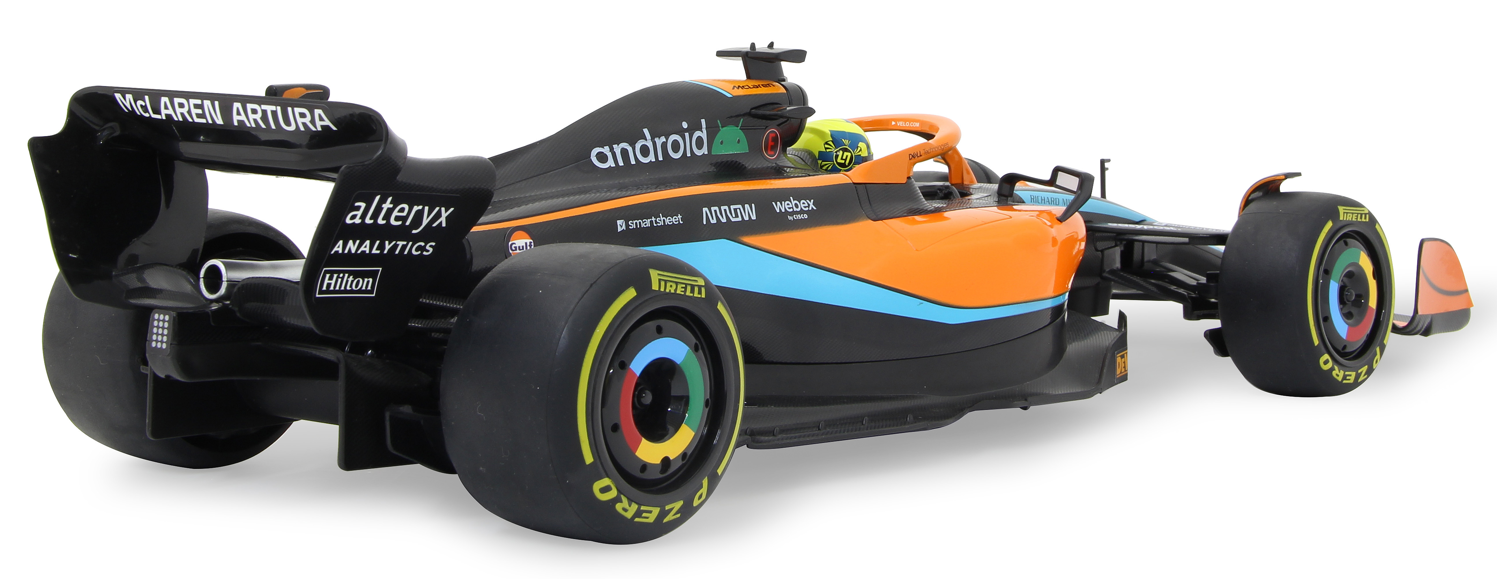 Ein McLaren Formel 1 Auto mit orange-blauen Akzenten und vielen Sponsorenlogos.