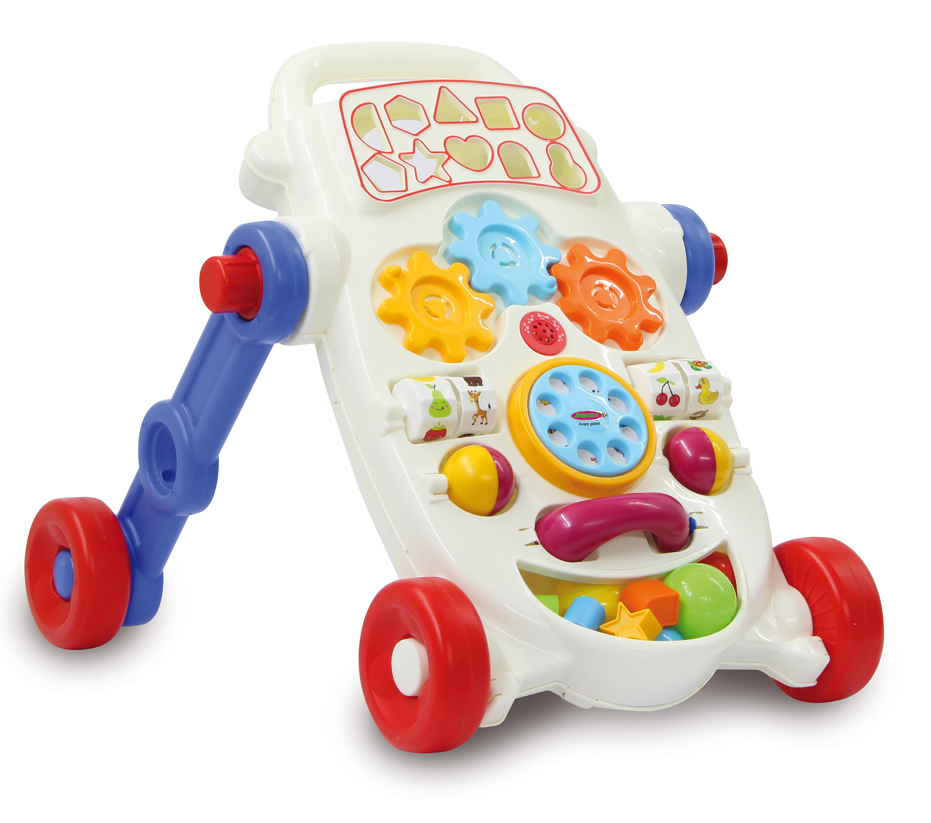 Ein weißer Lauflernwagen mit bunten Zahnrädern, Rädern und Spielzeug.