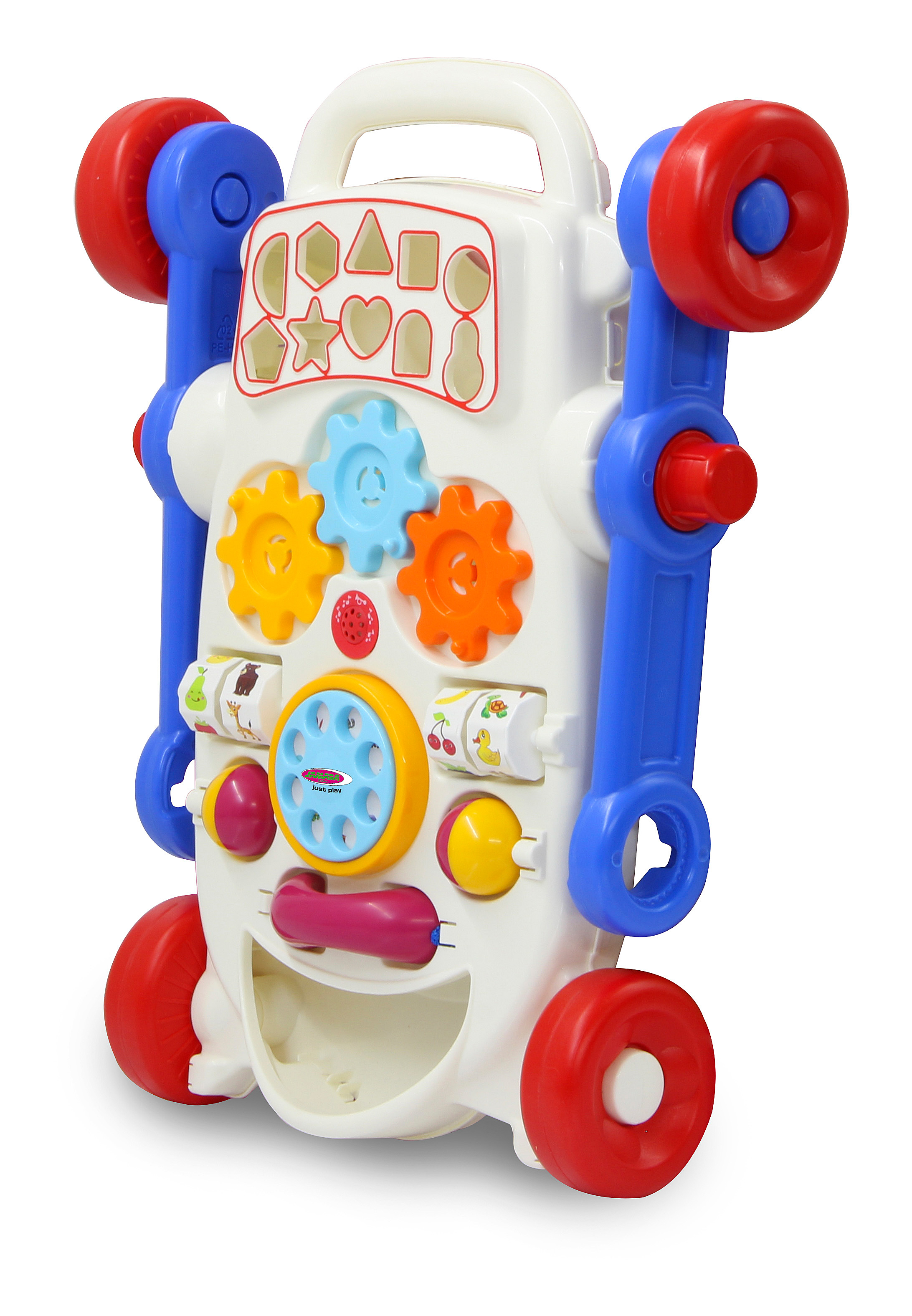 Ein weißer Lauflernwagen mit bunten Zahnrädern, Rädern und Formen.