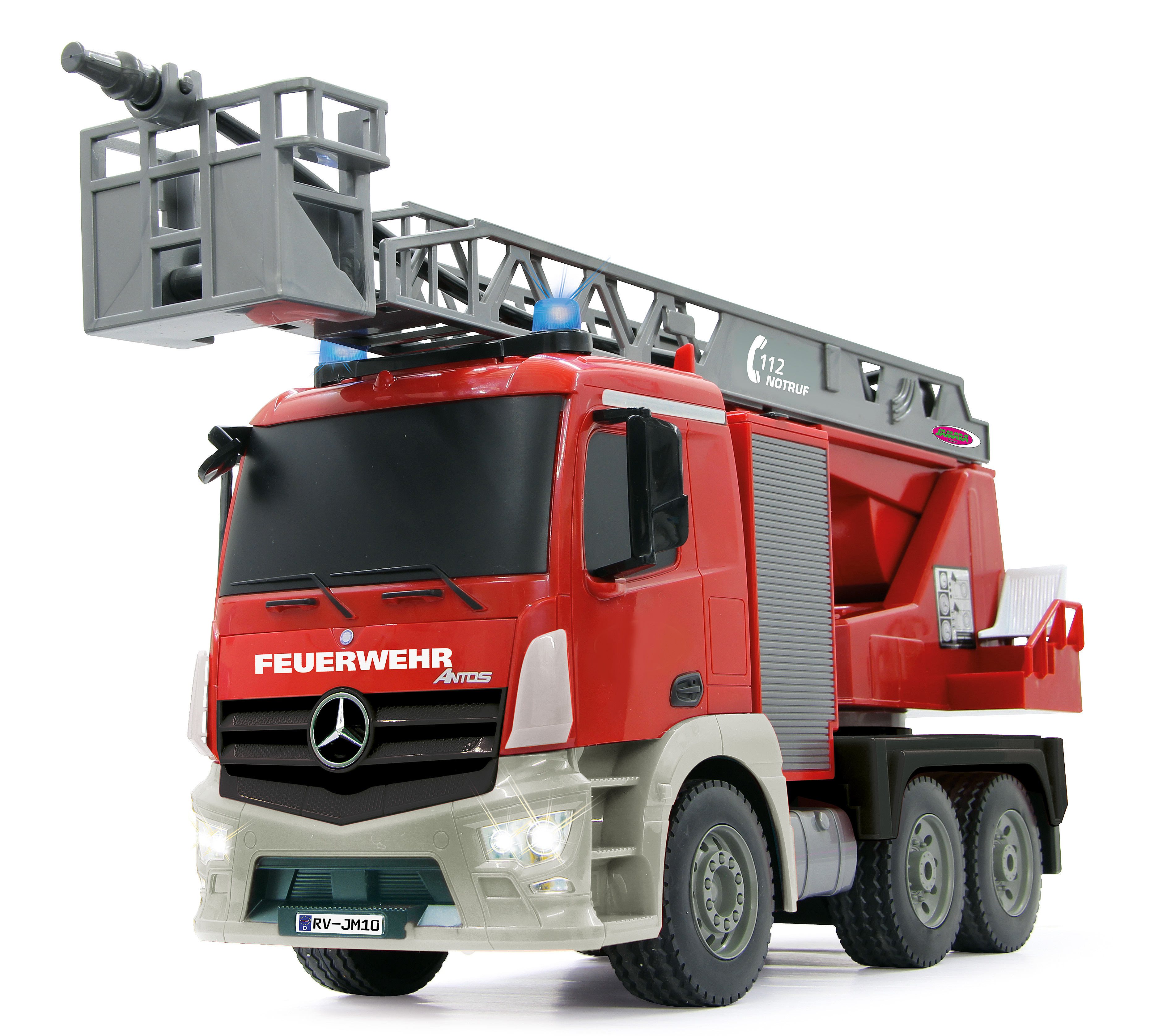 A red toy fire truck with an extendable ladder and blue flashing lights.