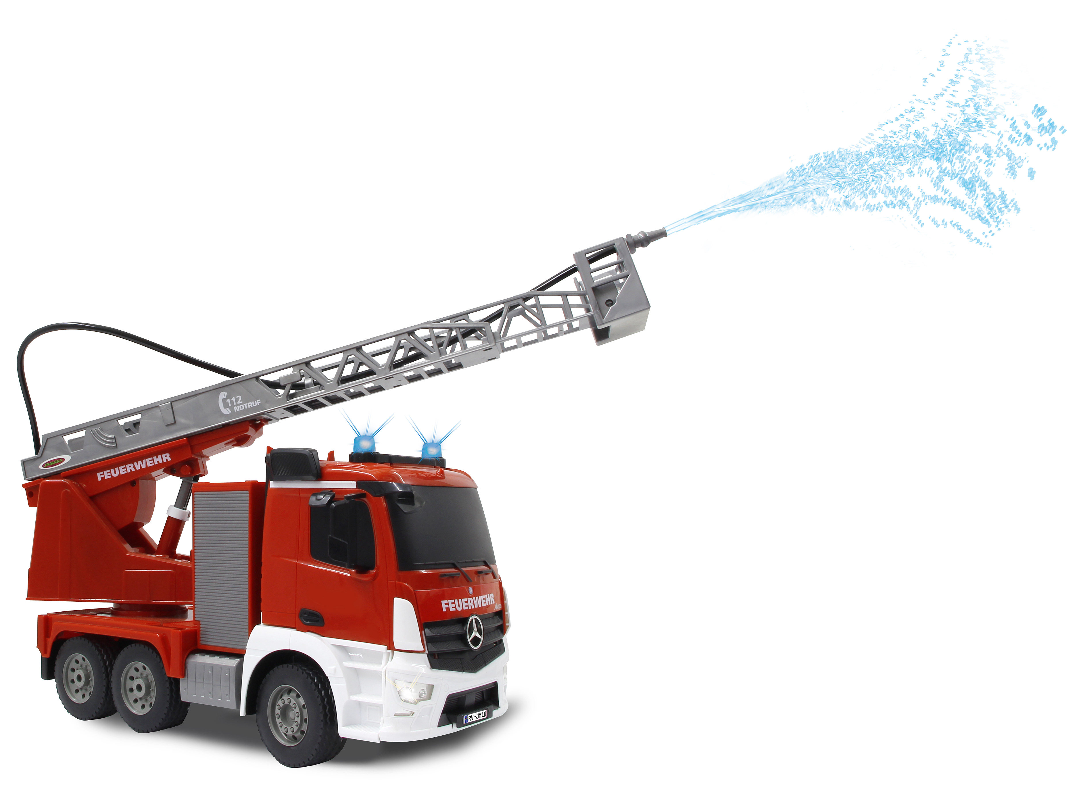 Red toy fire truck with extended ladder and water spray.