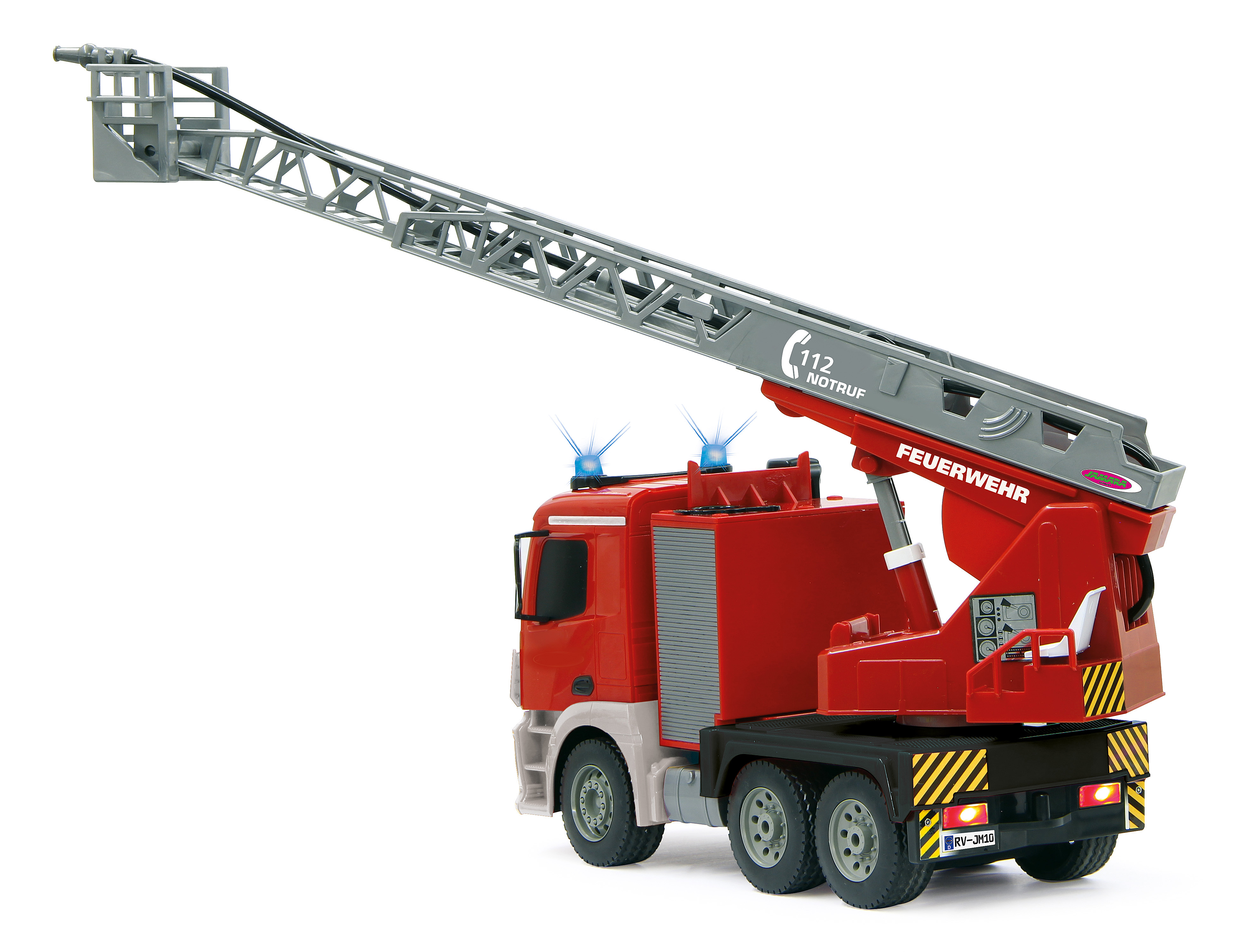 A red toy fire truck with an extended gray ladder arm and blue warning lights.