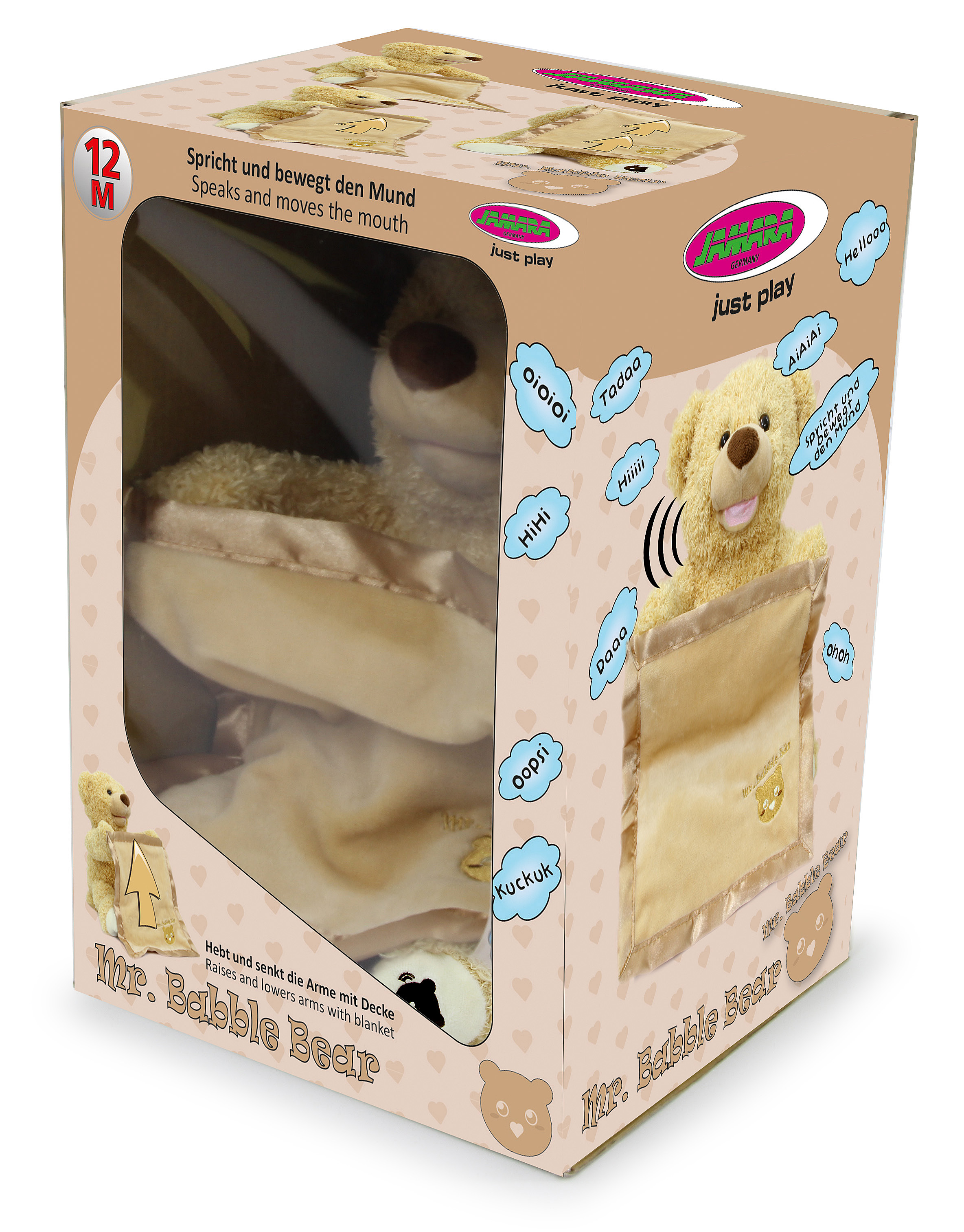 Verpackung eines braunen Teddybären, der spricht und sich bewegt.