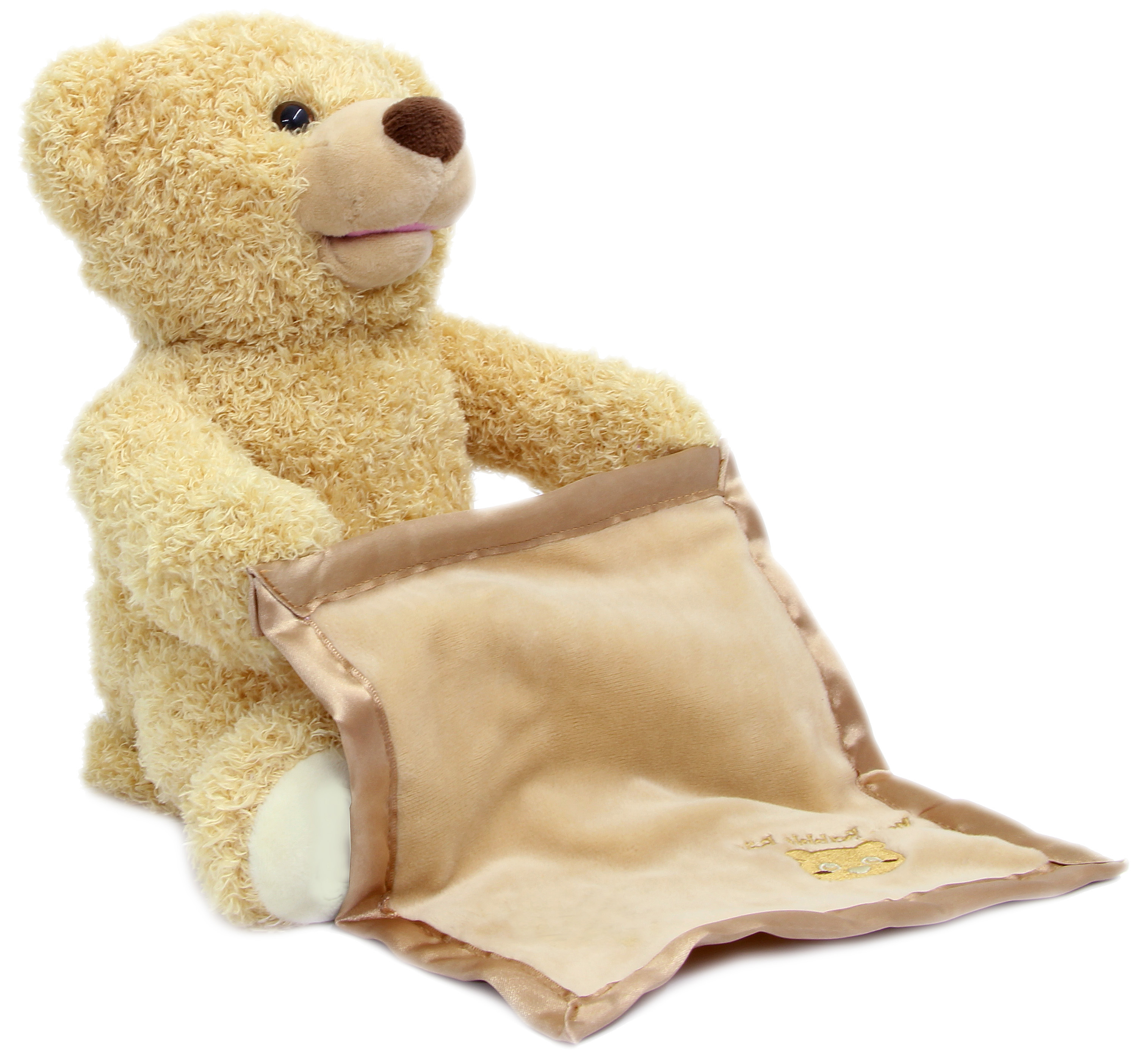 Ein hellbrauner Teddybär sitzt und hält eine beige Decke mit goldenen Verzierungen.