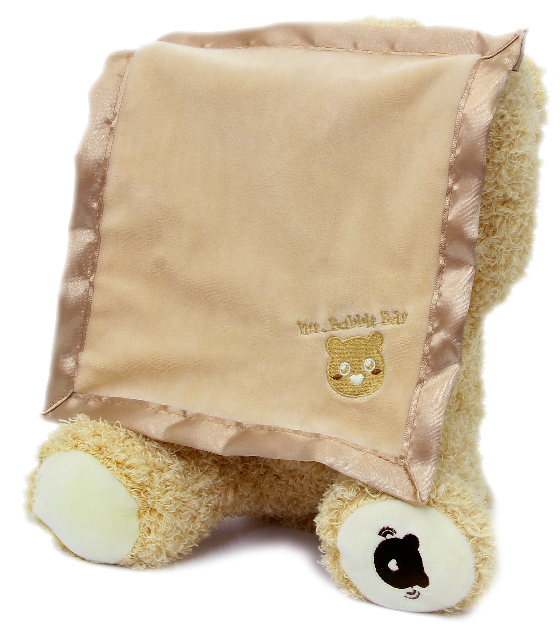 Ein beiger Teddybär mit einer braunen Decke mit Bärenstickerei.