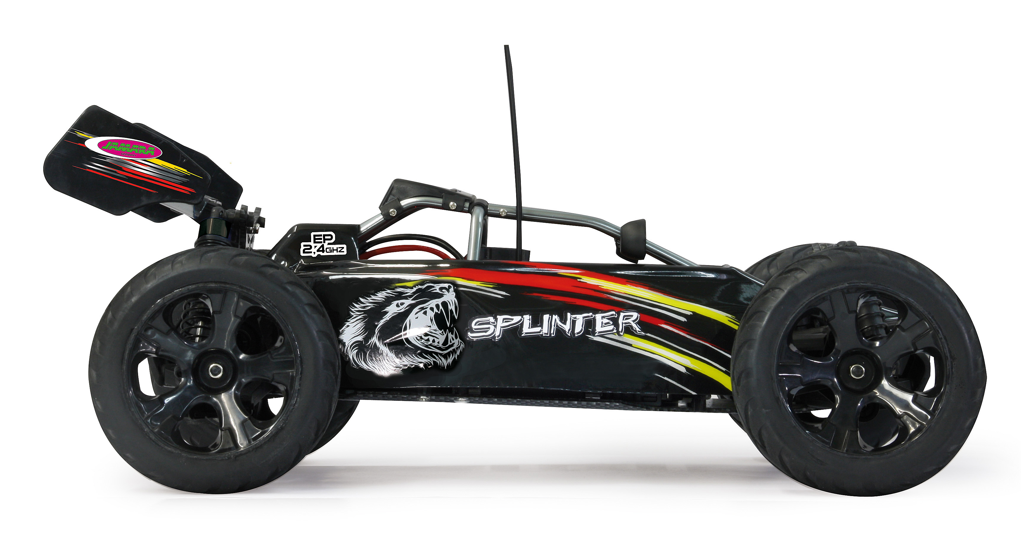 Schwarzes RC-Auto mit Wolf-Design und roten, gelben Streifen. Weiße Felgen.