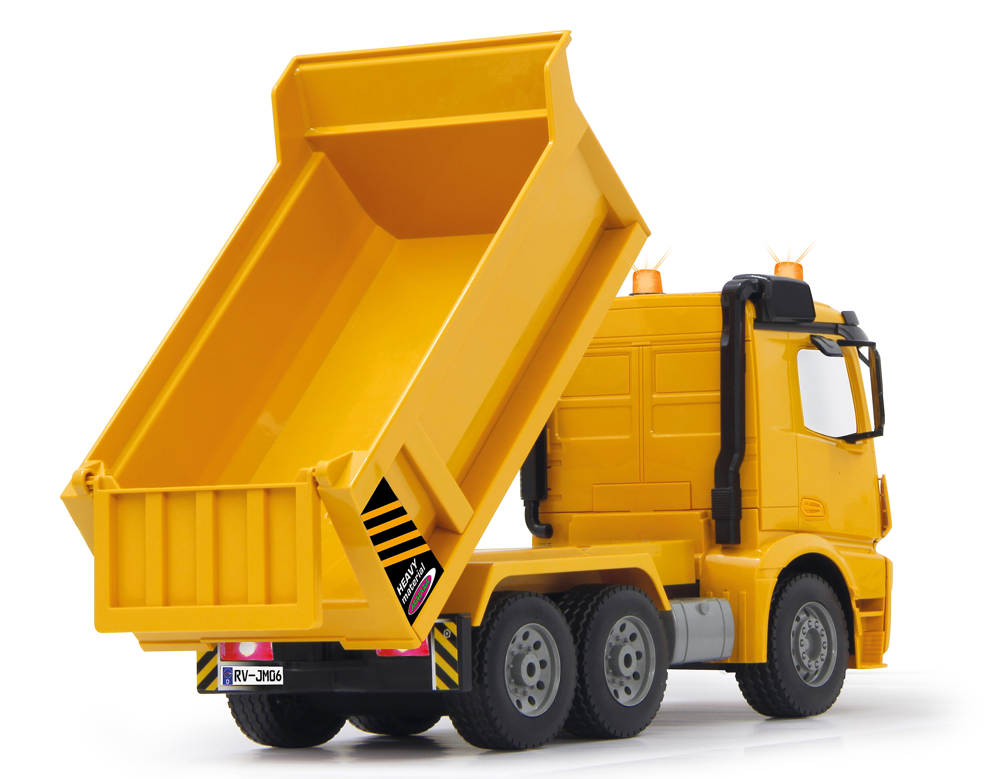 Camión volquete de juguete amarillo con caja elevada y luces de advertencia.