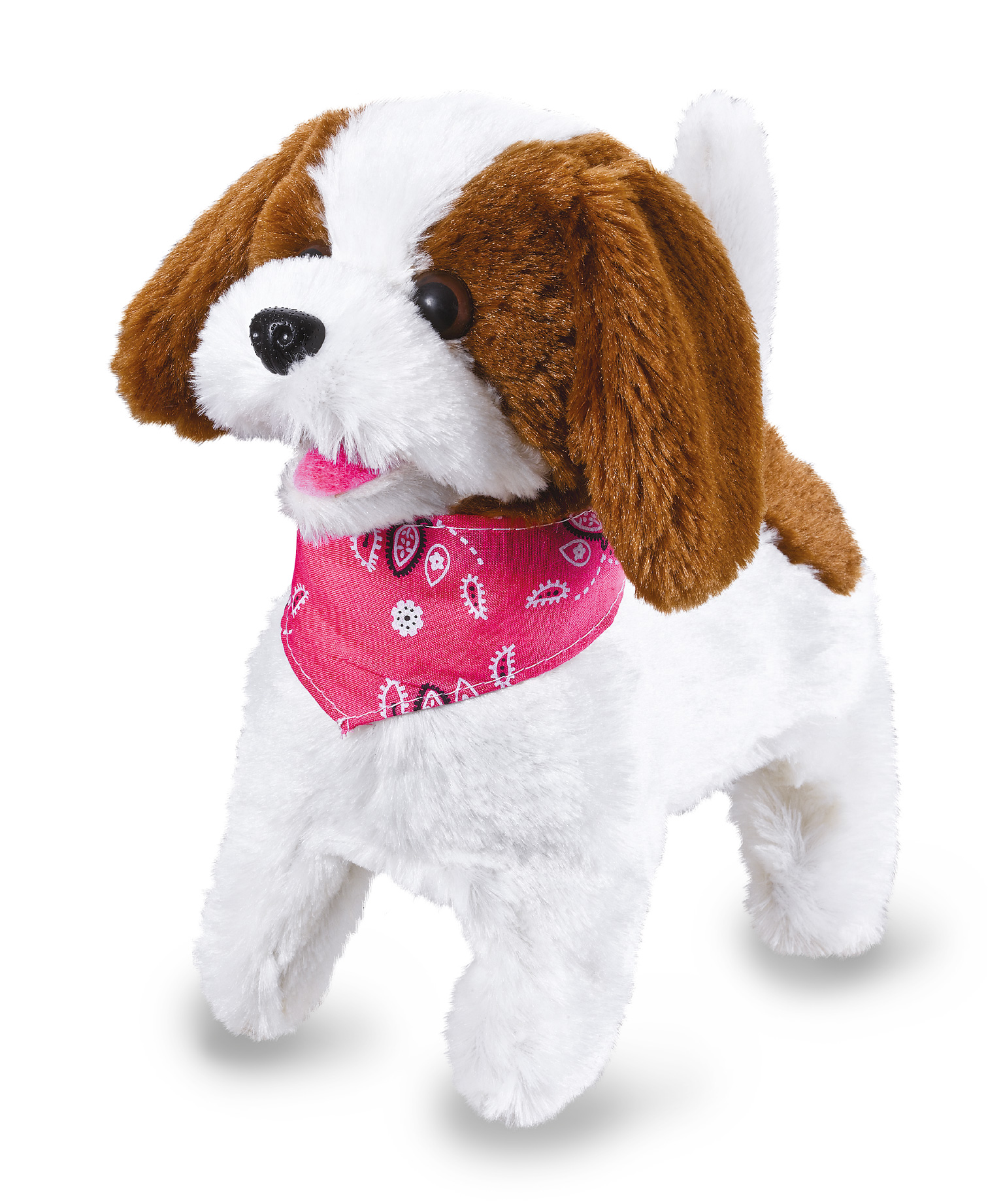 Ein flauschiger Hund mit braunen Flecken und einem rosa Bandana.