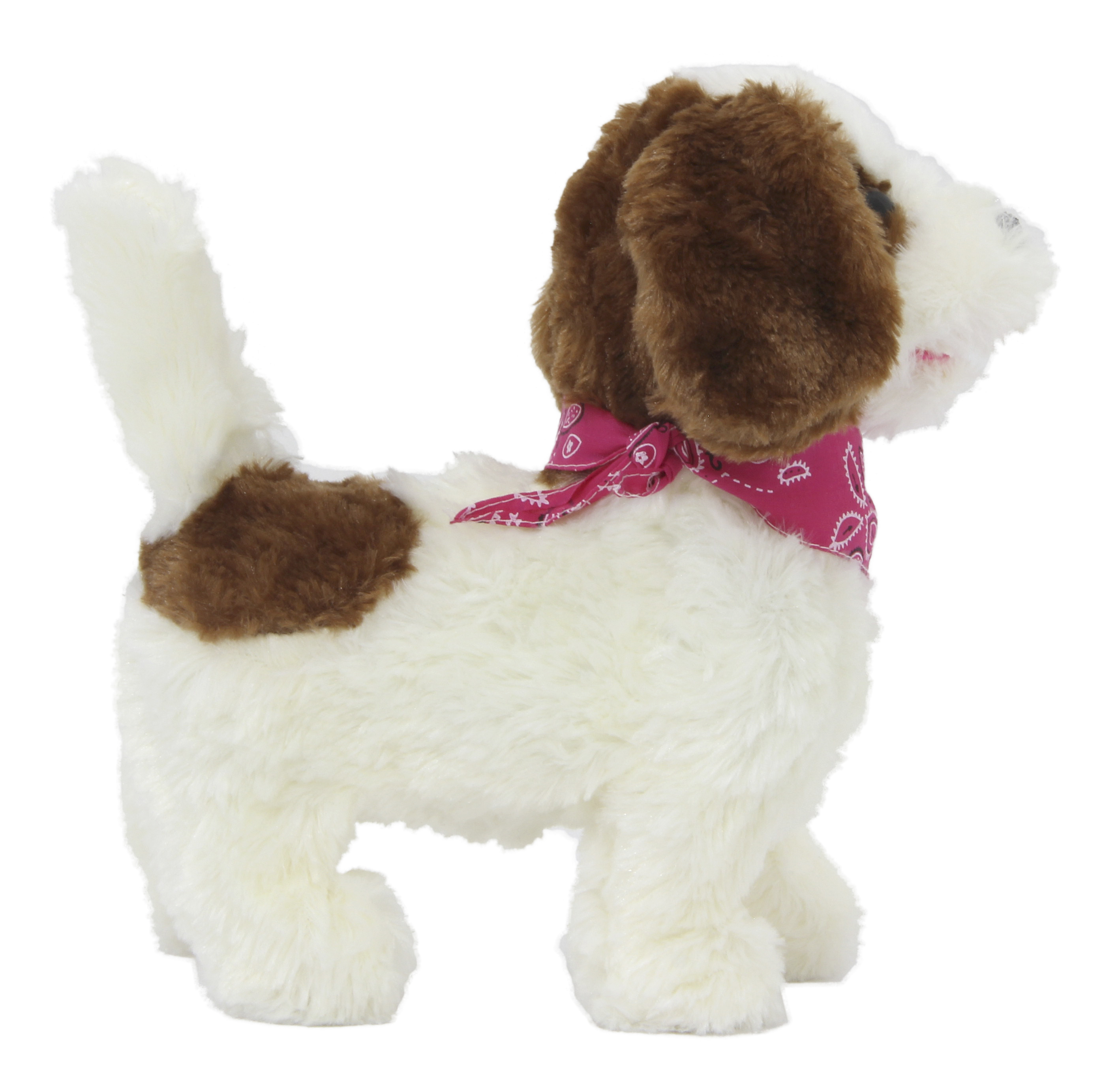 Ein flauschiges Stofftier eines Hundes mit braunen Flecken und einem rosa Bandana.