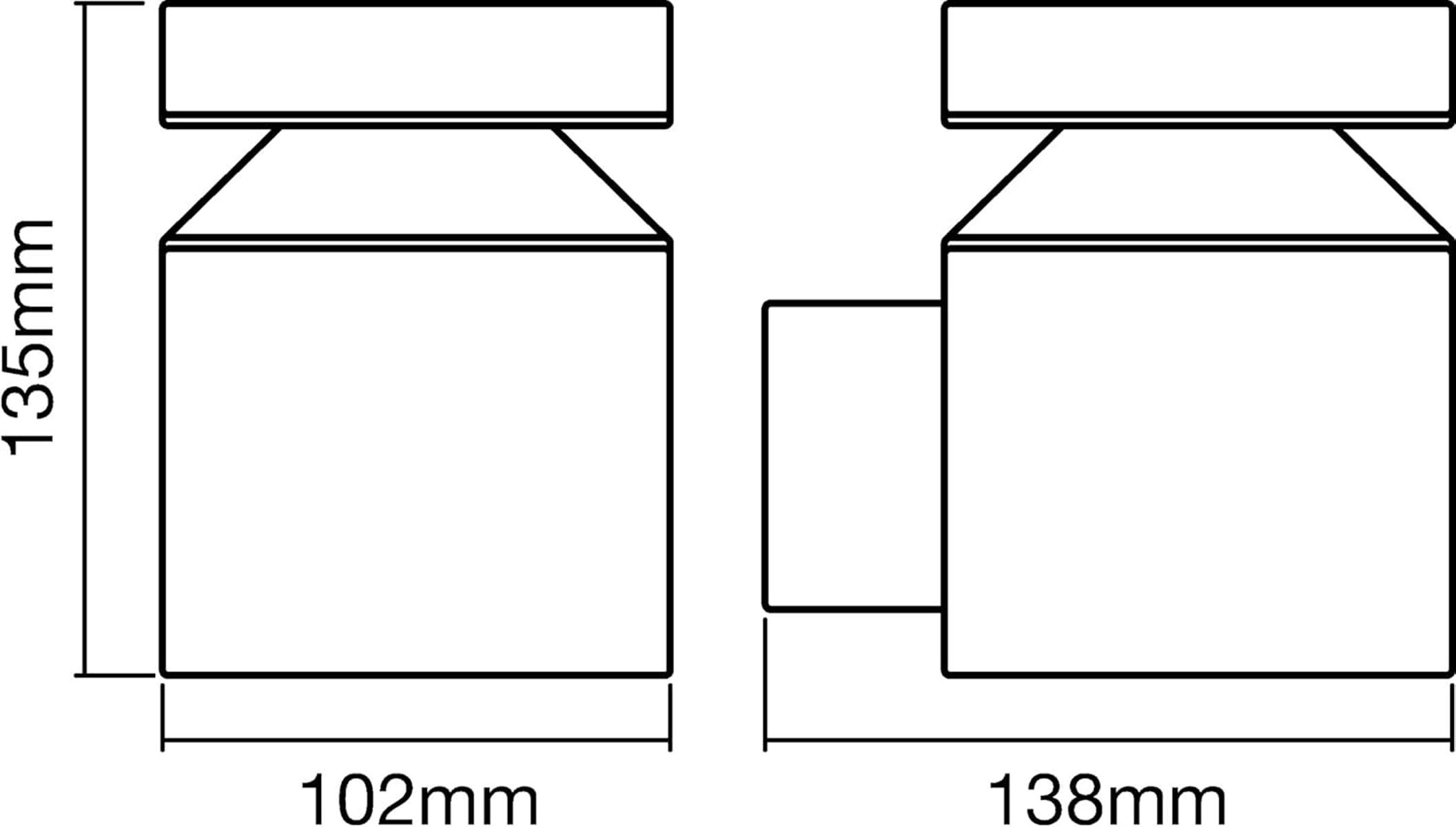 Technische Zeichnung zweier Behälter mit Maßen 135mm Höhe und 102mm/138mm Breite.