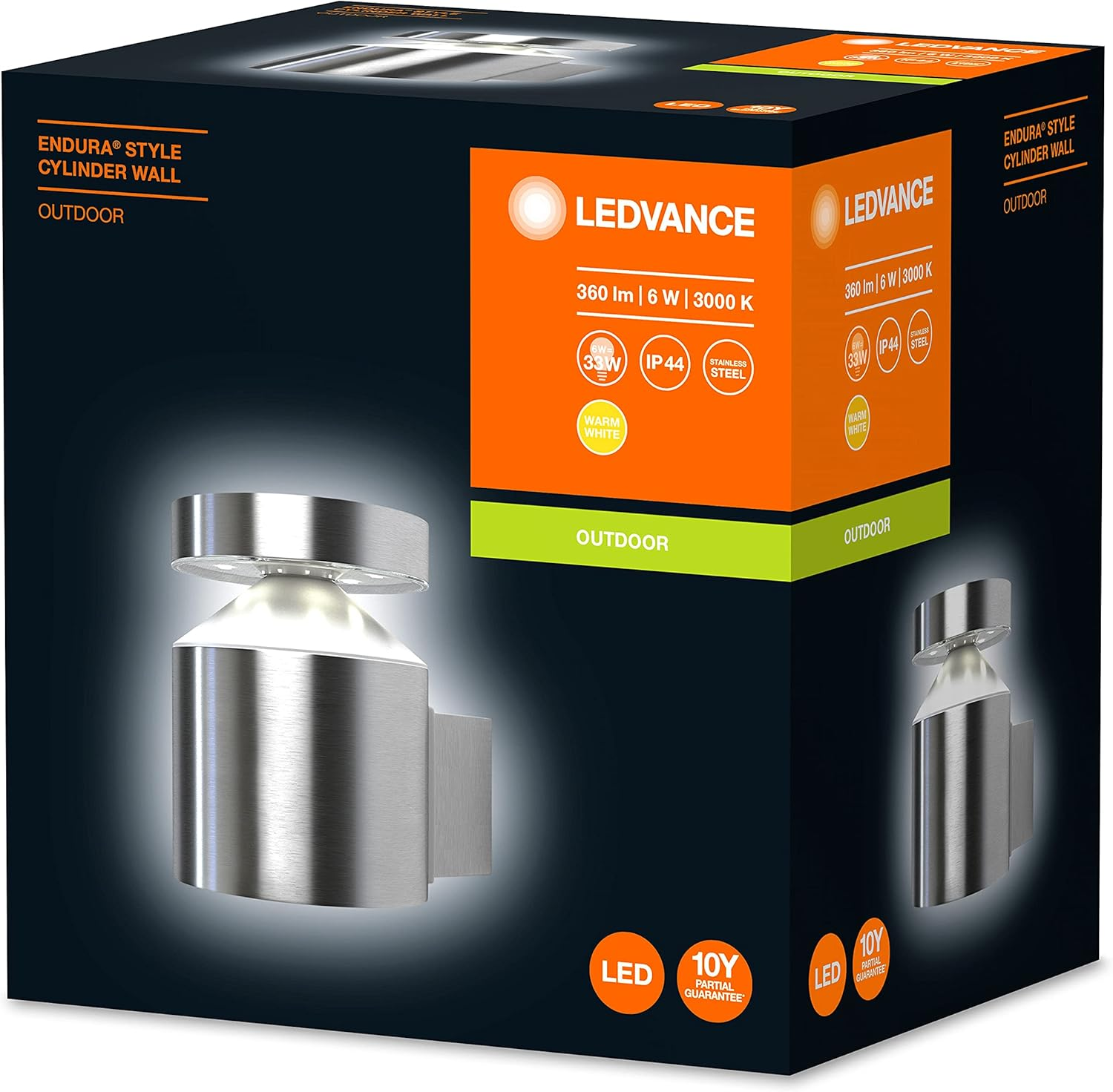 LEDVANCE Outdoor Wandleuchte, Edelstahl, 360lm, 6W, 3000K, IP44.