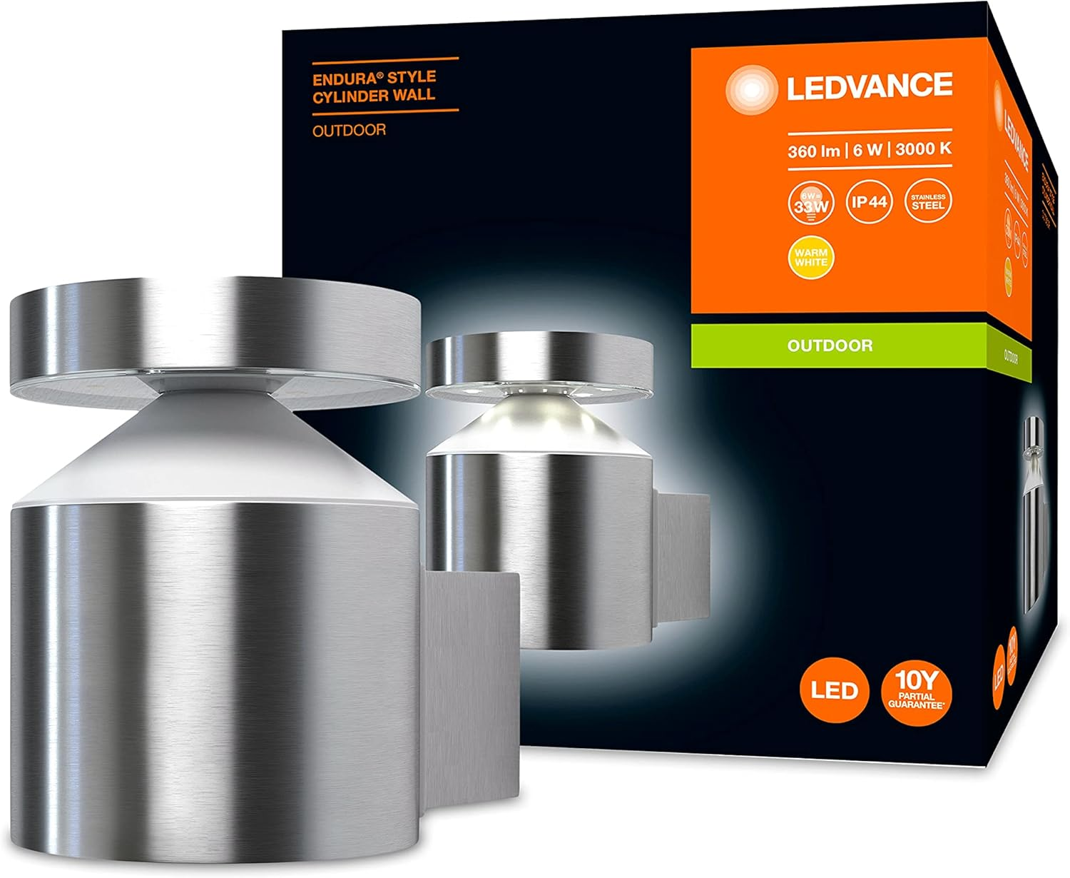 Bürstenmetall-Zylinder-Außenwandleuchte mit warmweißem LED und Produktdetails.