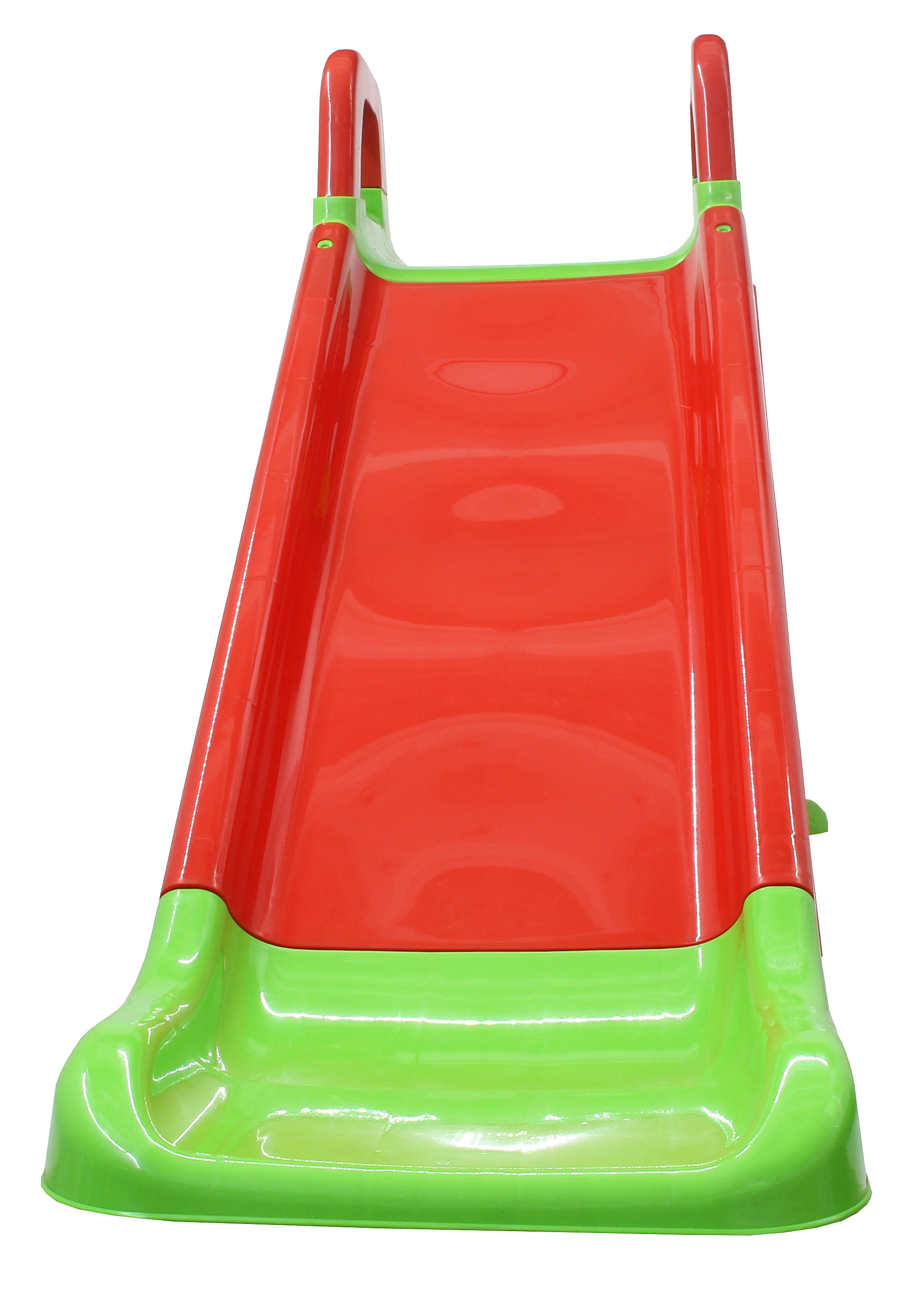 Eine rote und grüne Kinderrutsche mit Griffen.