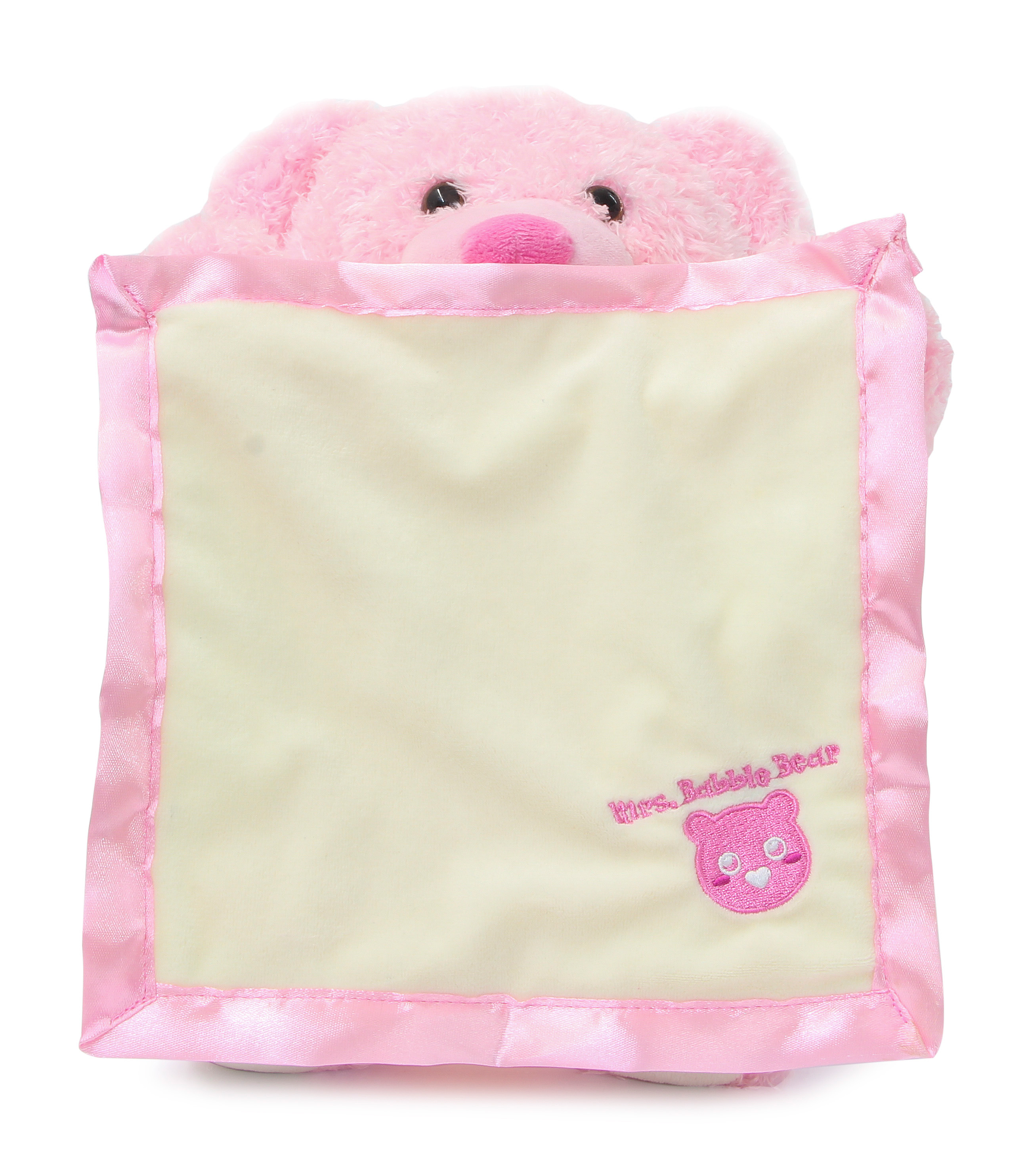 Ein rosa Teddybär versteckt sich hinter einer cremefarbenen Decke mit pinkem Rand.