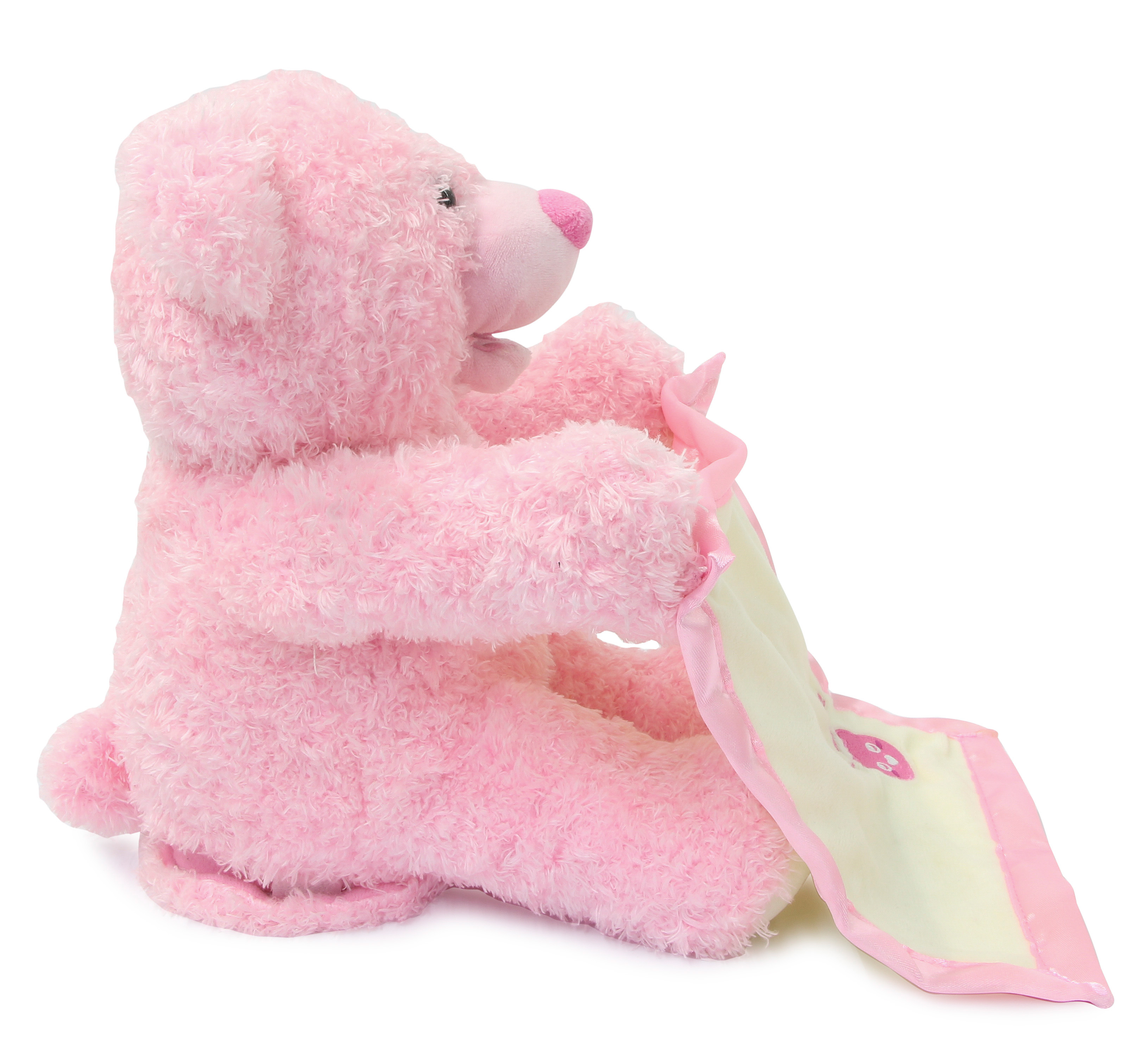 Ein rosa Teddybär hält eine Decke mit rosa Rändern und einem Marienkäfer-Design.