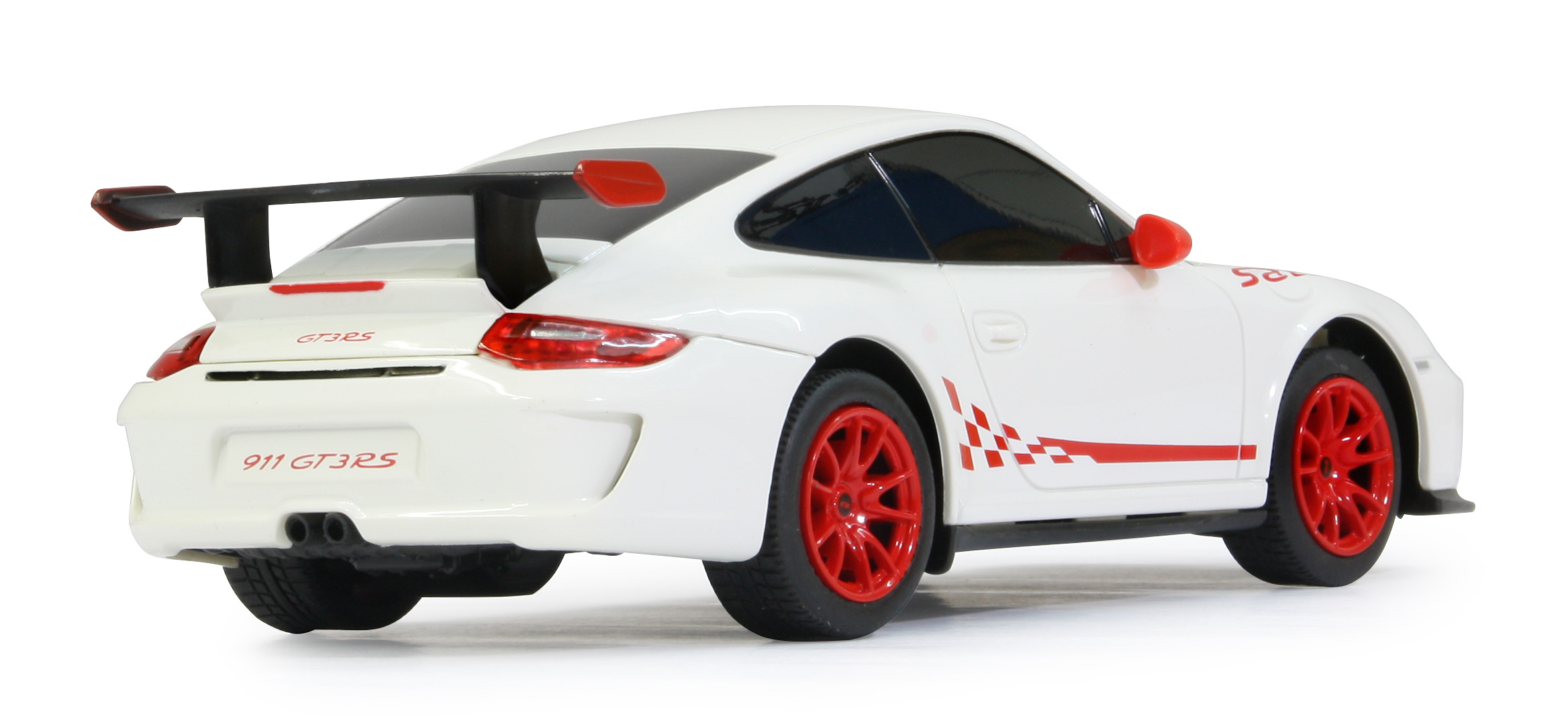 Weißer Porsche 911 GT3 RS Spielzeugauto mit roten Felgen und Aufklebern.