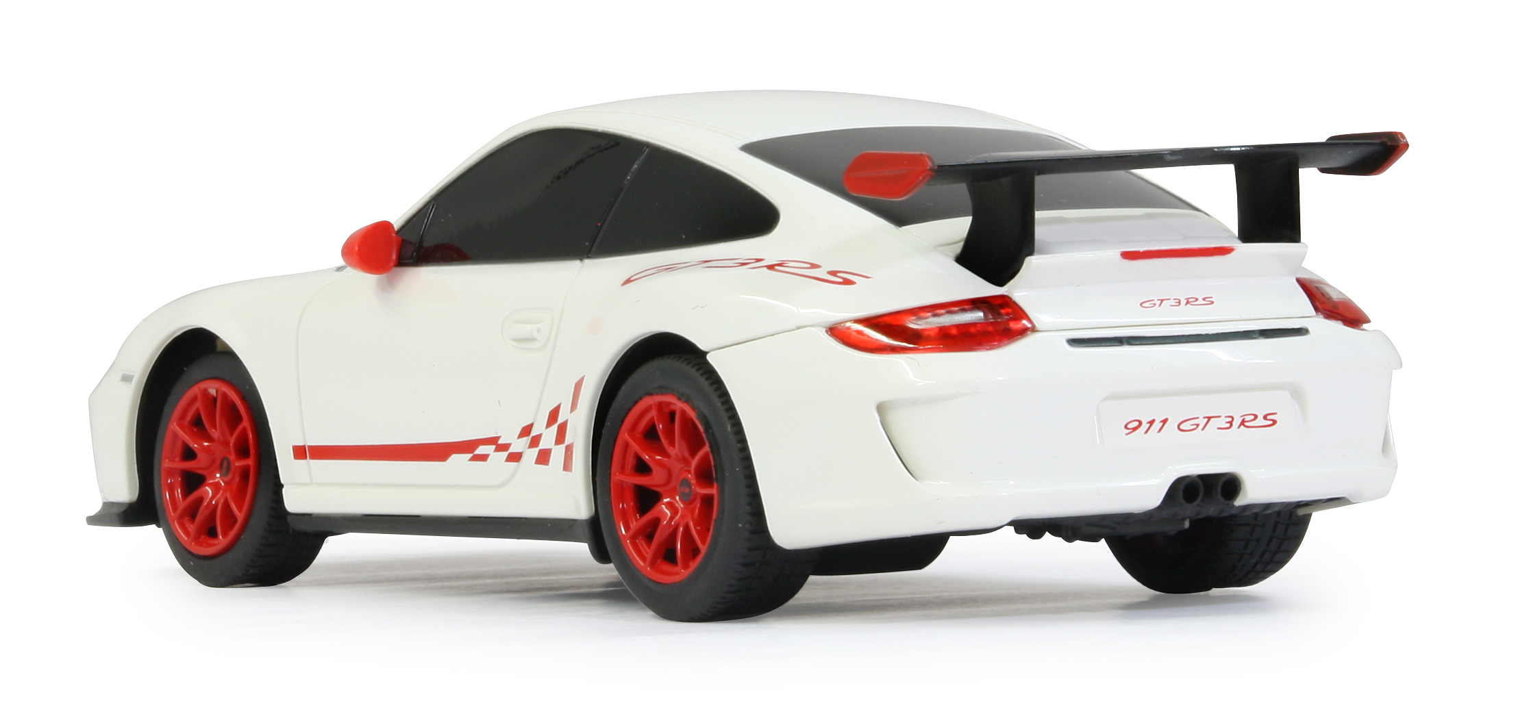 Weißer Porsche mit roten Akzenten, Spoiler und Rallyestreifen.
