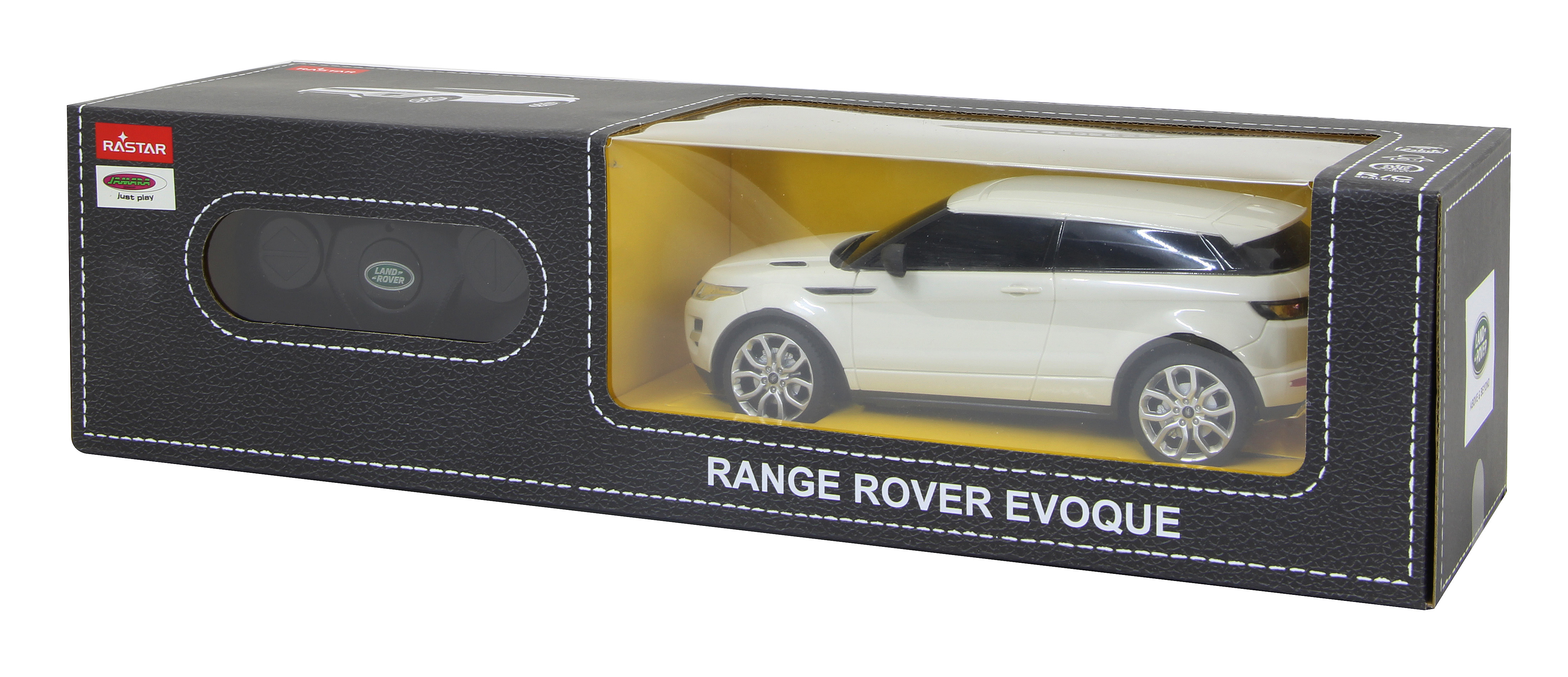 A white remote-controlled Range Rover Evoque toy car in black packaging.