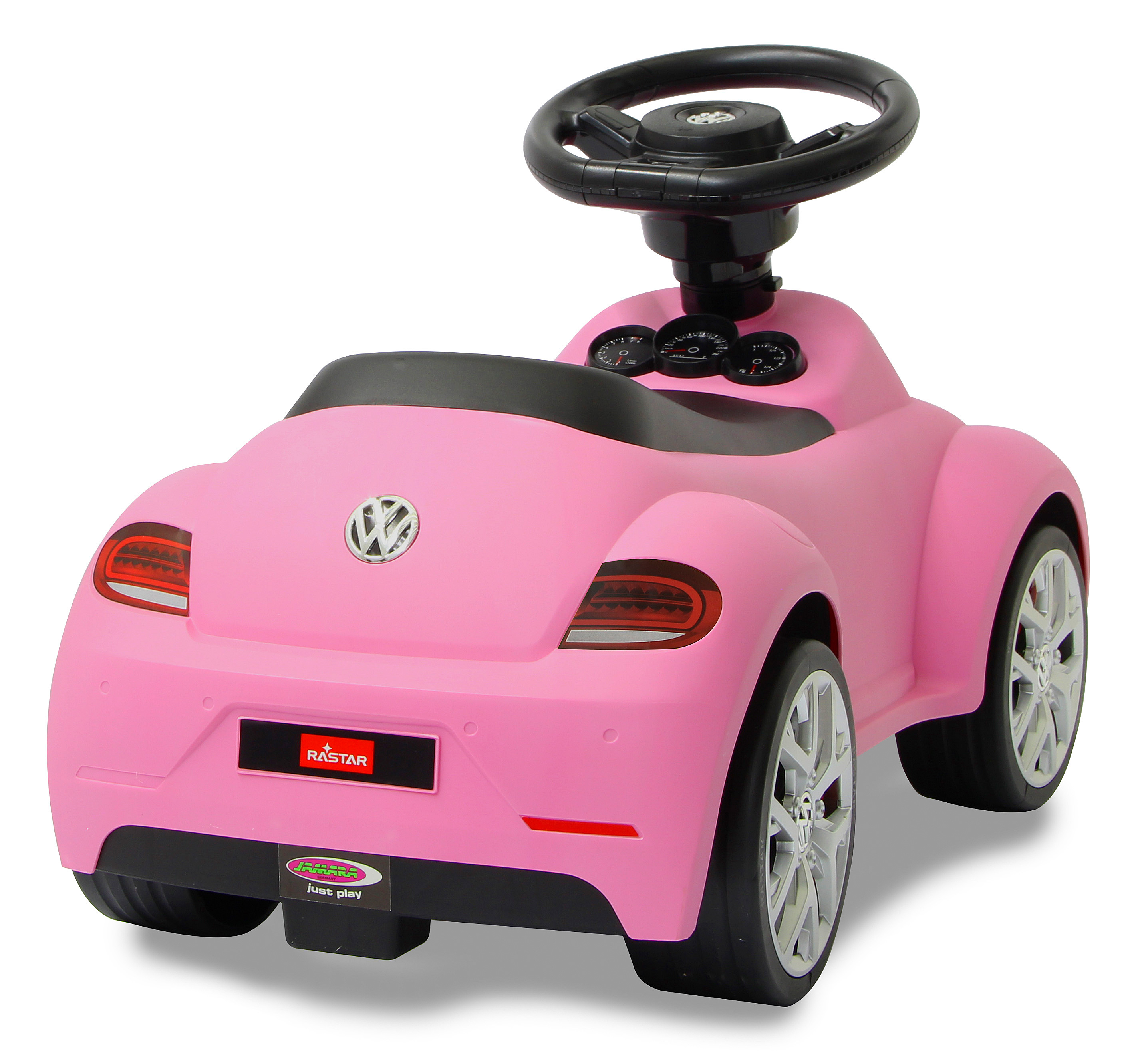 Ein rosa Spielzeugauto mit Lenkrad und VW-Logo.