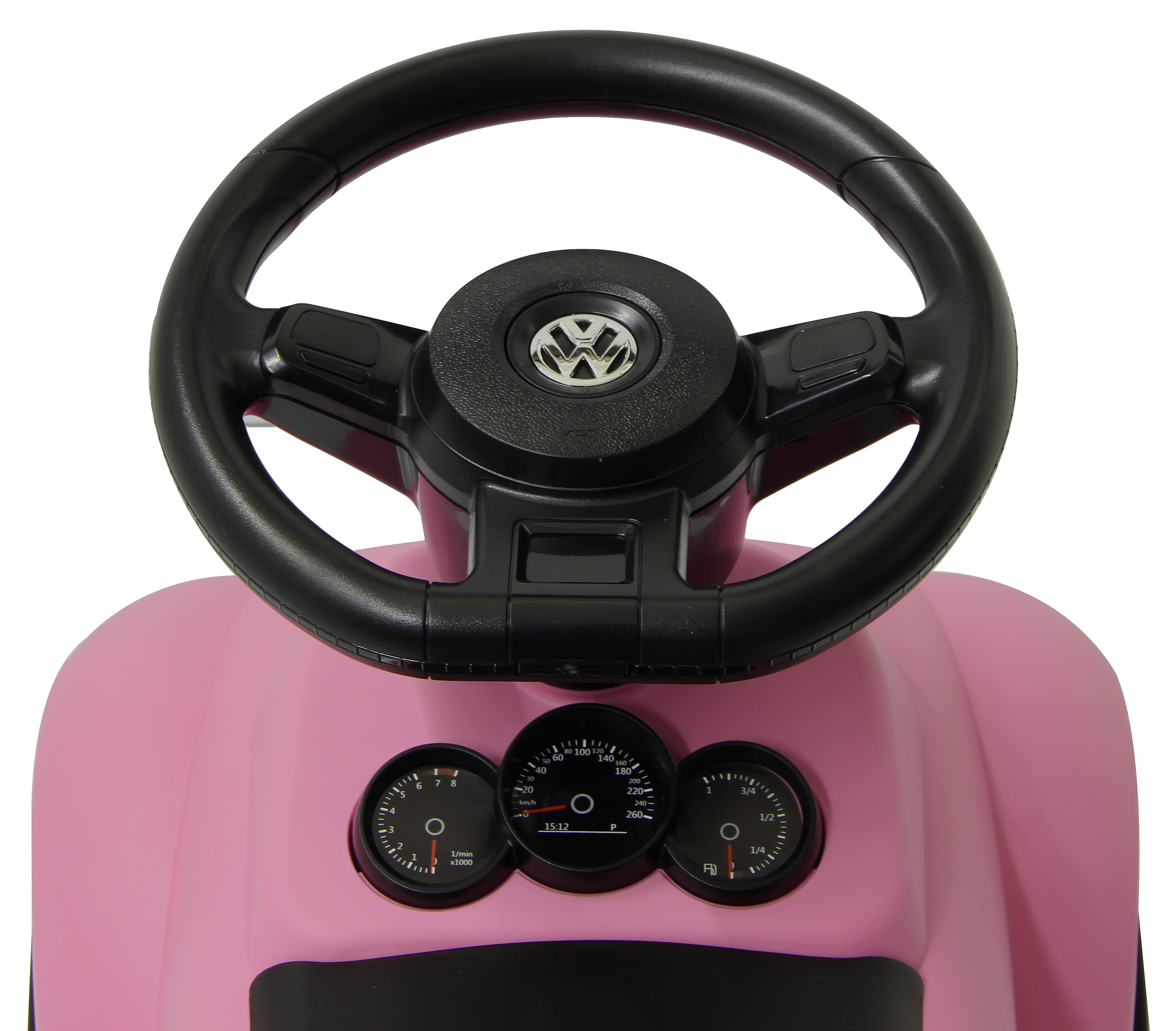 Ein pinkes Spielzeugauto-Armaturenbrett mit schwarzem Lenkrad und drei Anzeigen.