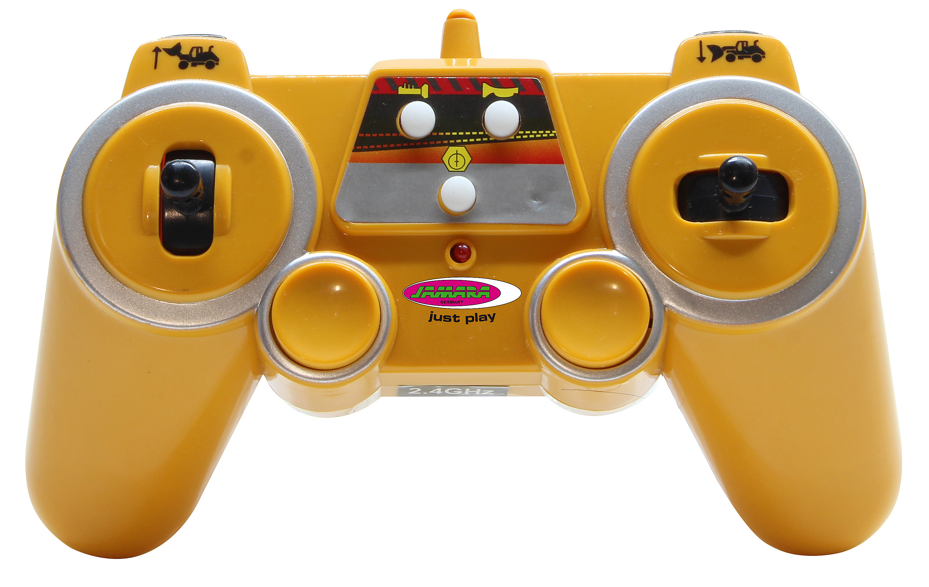 Ein gelber RC-Controller mit Joysticks, Knöpfen und Bagger-Symbolen.