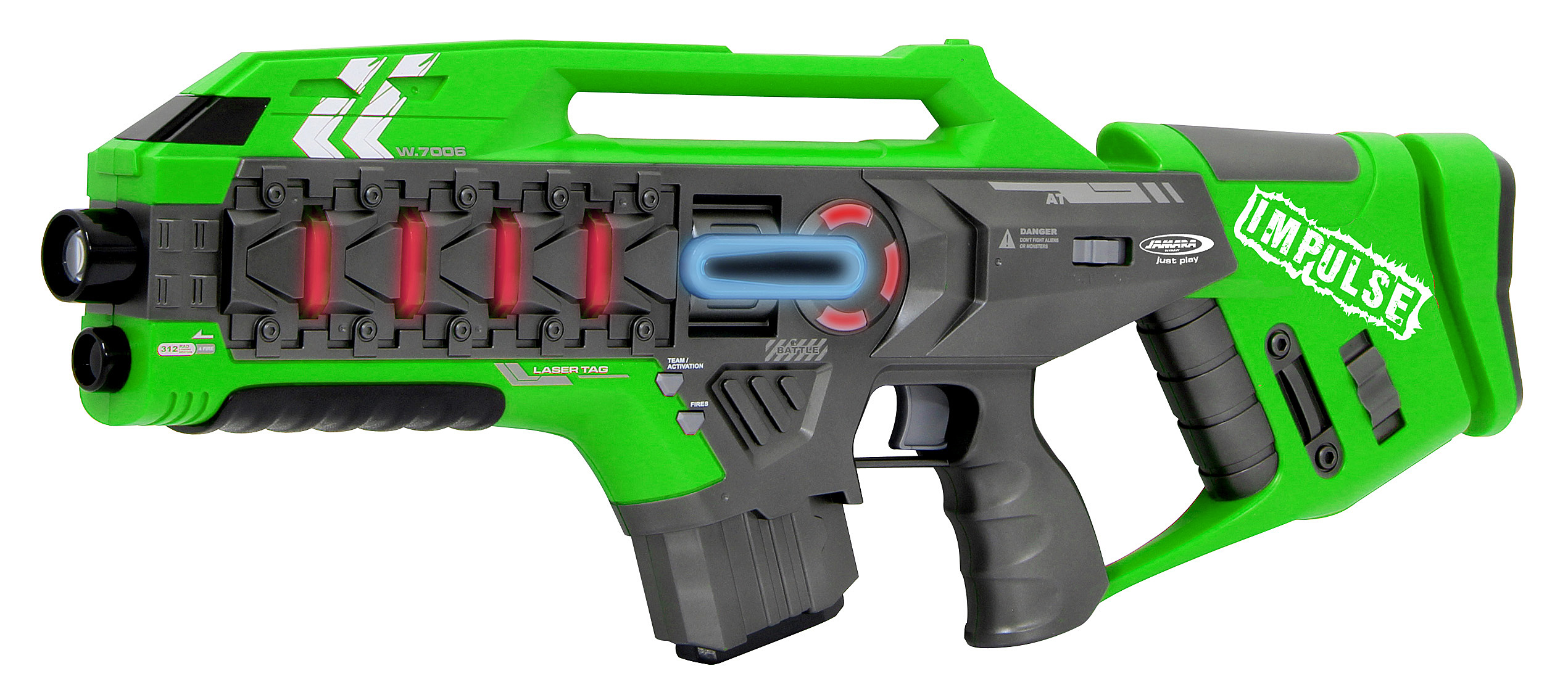 Grünes und graues Laser-Tag-Spielzeuggewehr mit blauer Lichtschiene und roten Lichtern.