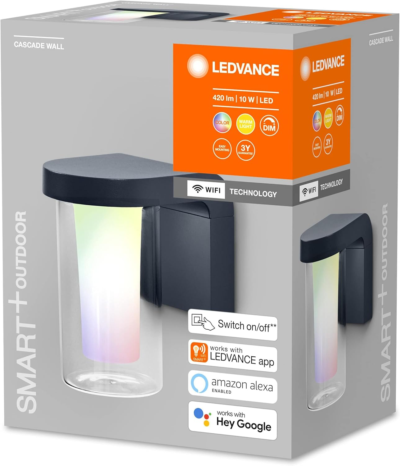 Verpackung einer smarten LED-Wandleuchte mit Farbwechsel, WLAN und App-Steuerung.