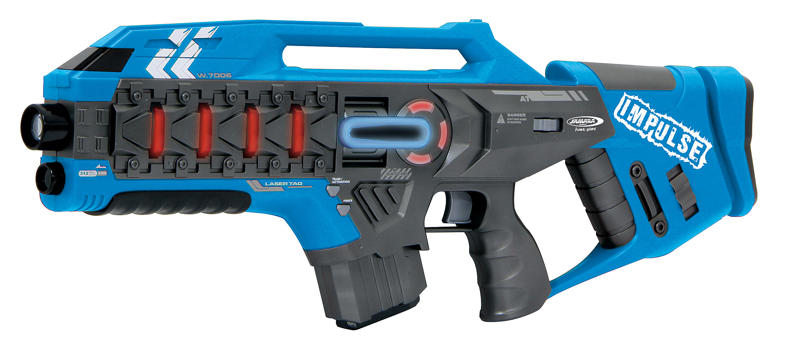 Ein blauer und grauer Laser-Tag-Spielzeuggewehr mit roten Lichterlementen und blauer Leuchtleiste.