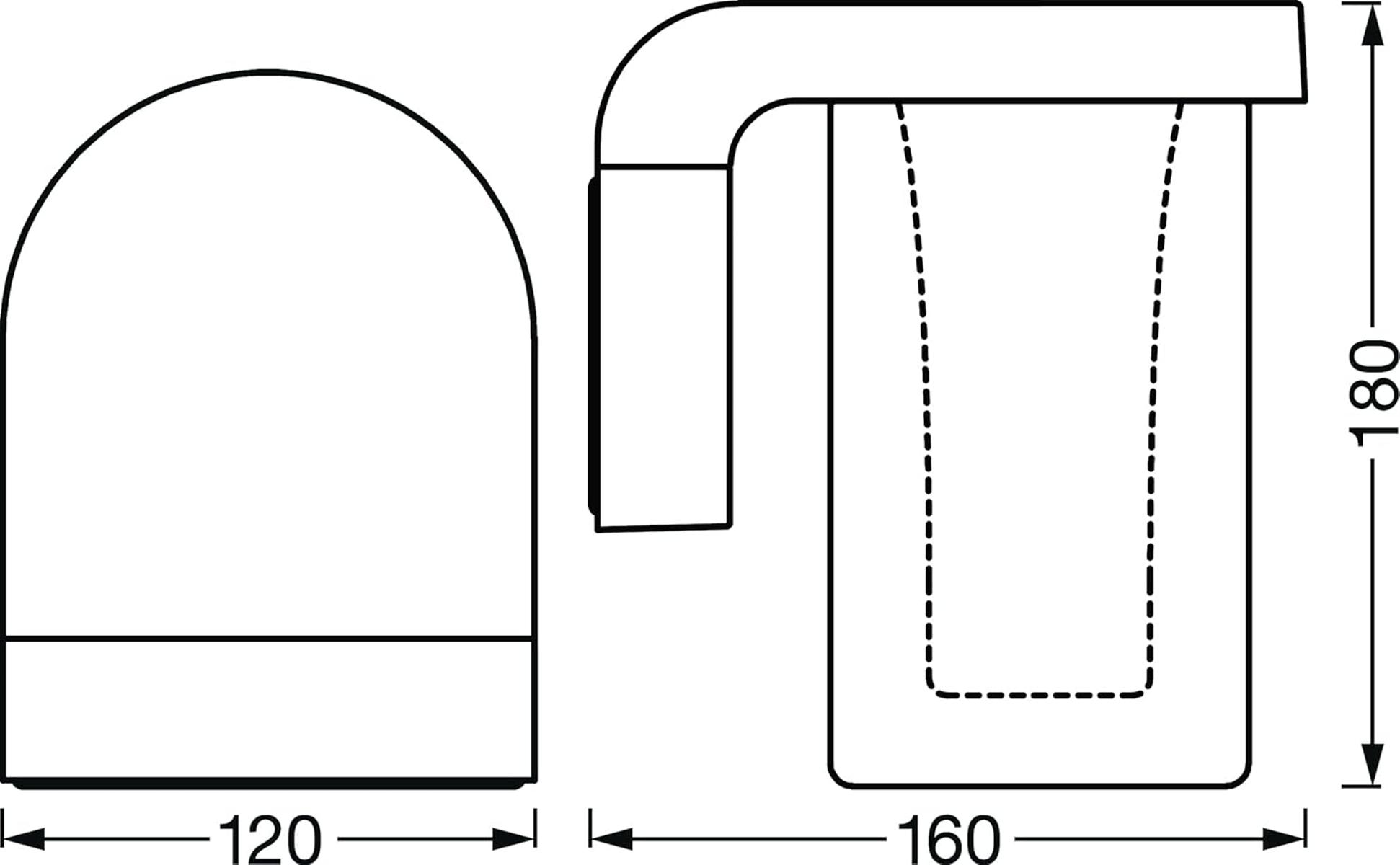 Technische Zeichnung einer Toilette mit Maßen 120, 160 und 180.