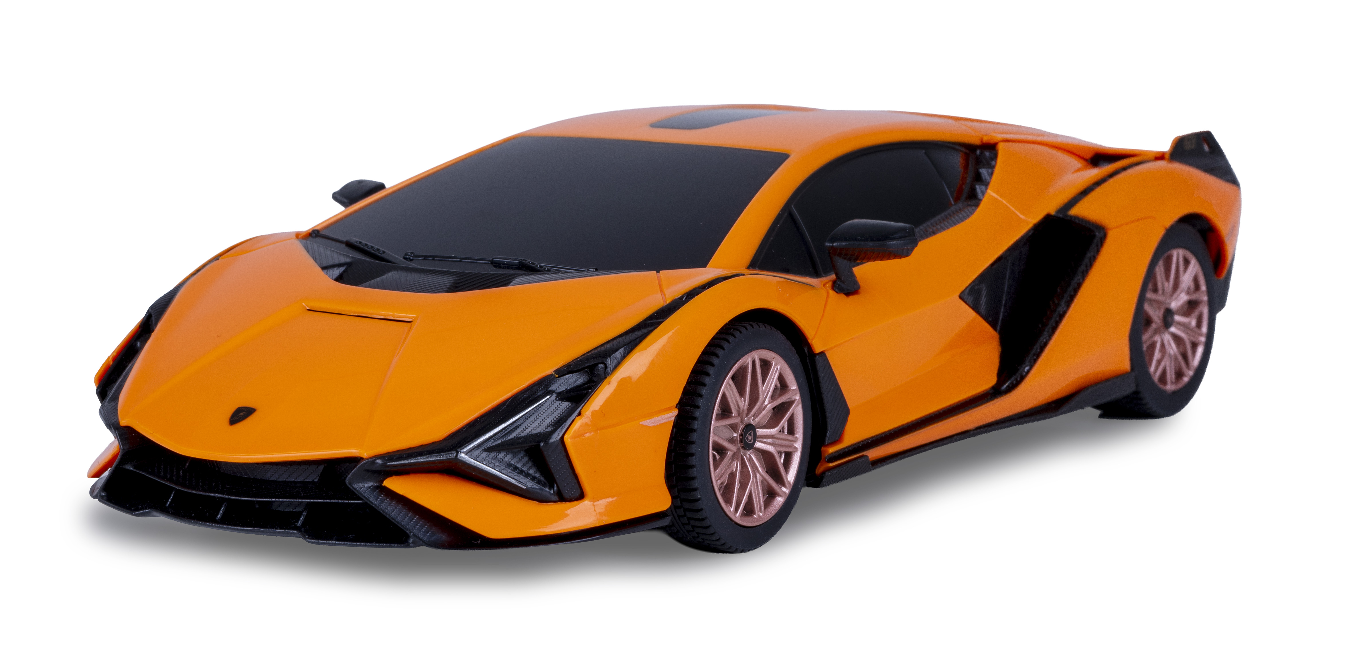 Ein orangefarbener Sportwagen mit schwarzen Fenstern und bronzefarbenen Felgen steht auf weißem Grund.