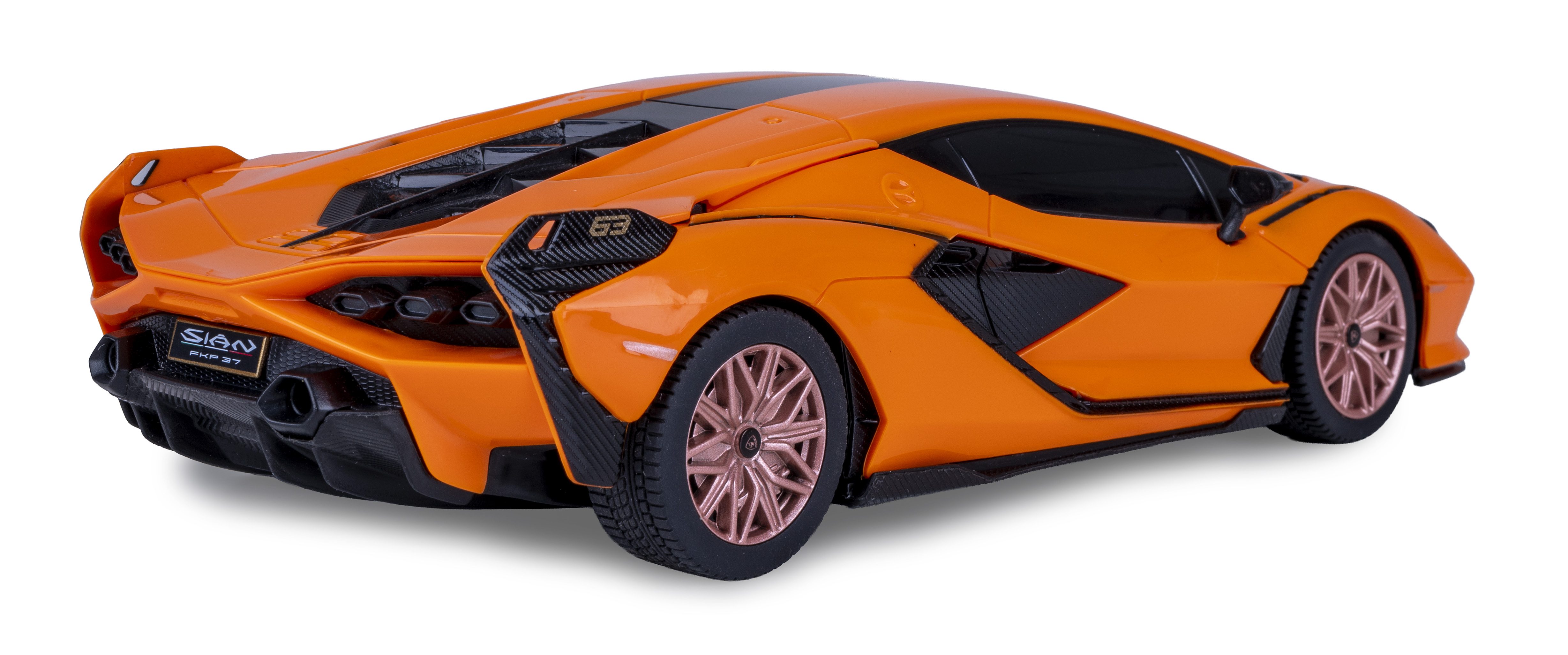 Orange Sportwagen-Heckansicht mit schwarzen Akzenten und bronzefarbenen Felgen.
