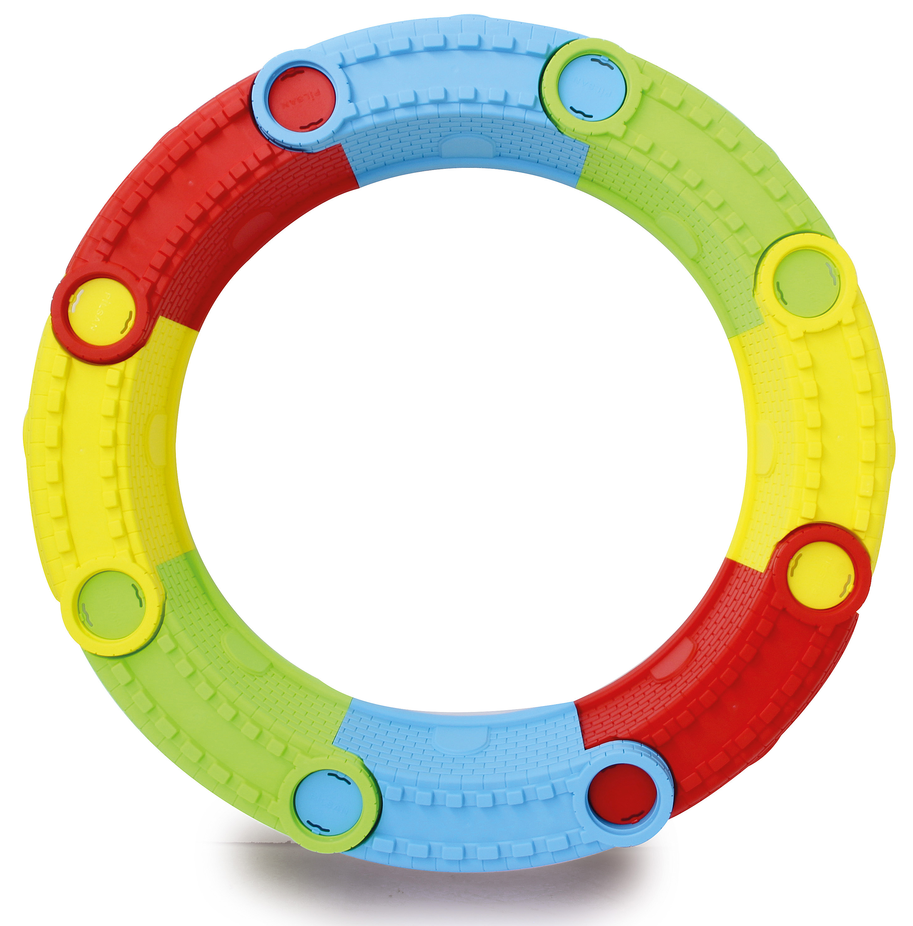 Ein bunter Ring aus roten, blauen, grünen und gelben Teilen mit Ziegelmuster.
