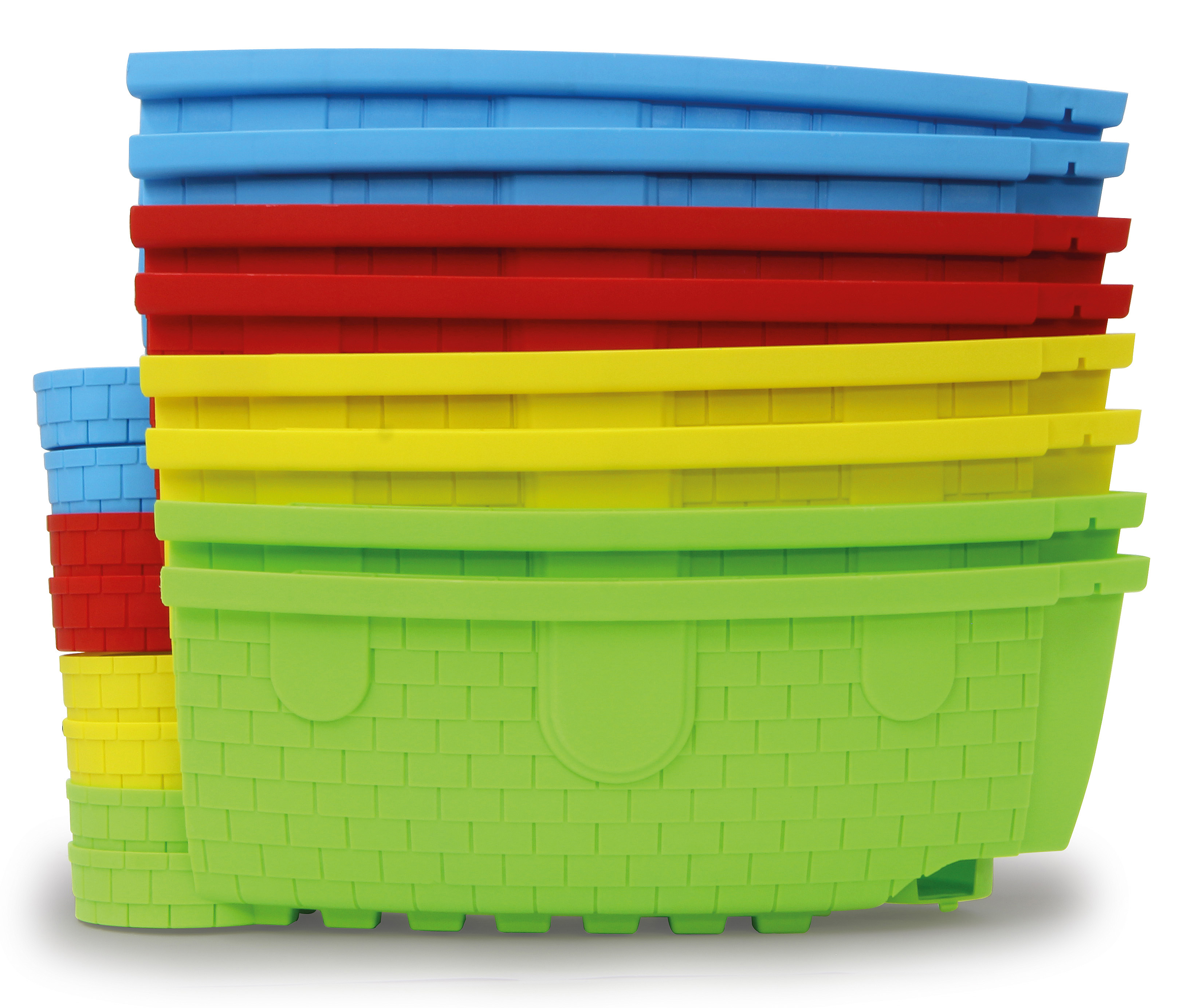 Ein Stapel bunter Plastikkörbe in Blau, Rot, Gelb und Grün.