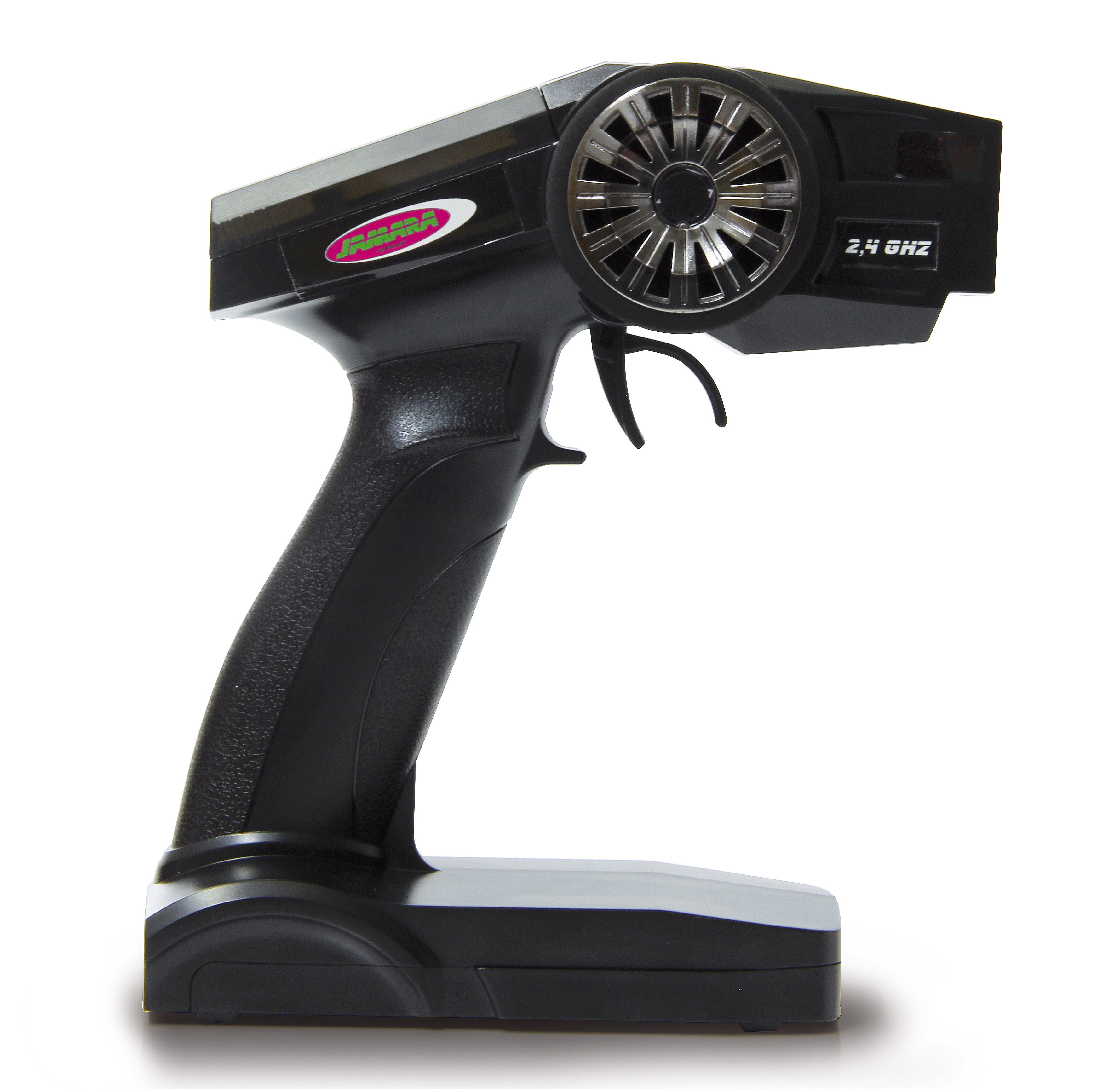 Schwarzer RC-Fernbedienung mit Silberrad, Abzug und 2,4 GHz Beschriftung.