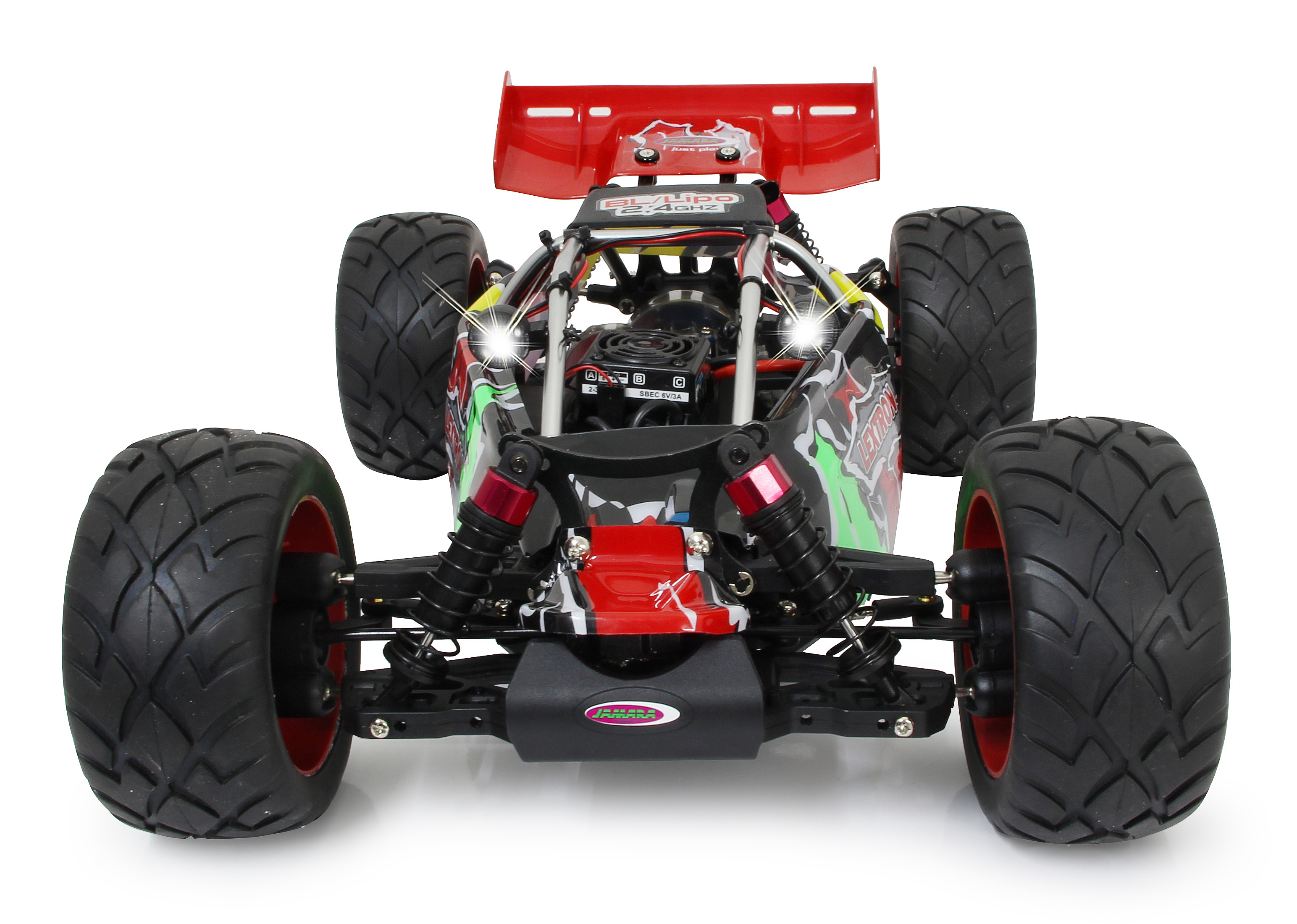 Rot-schwarzer RC-Buggy mit groben Reifen und rotem Heckspoiler.