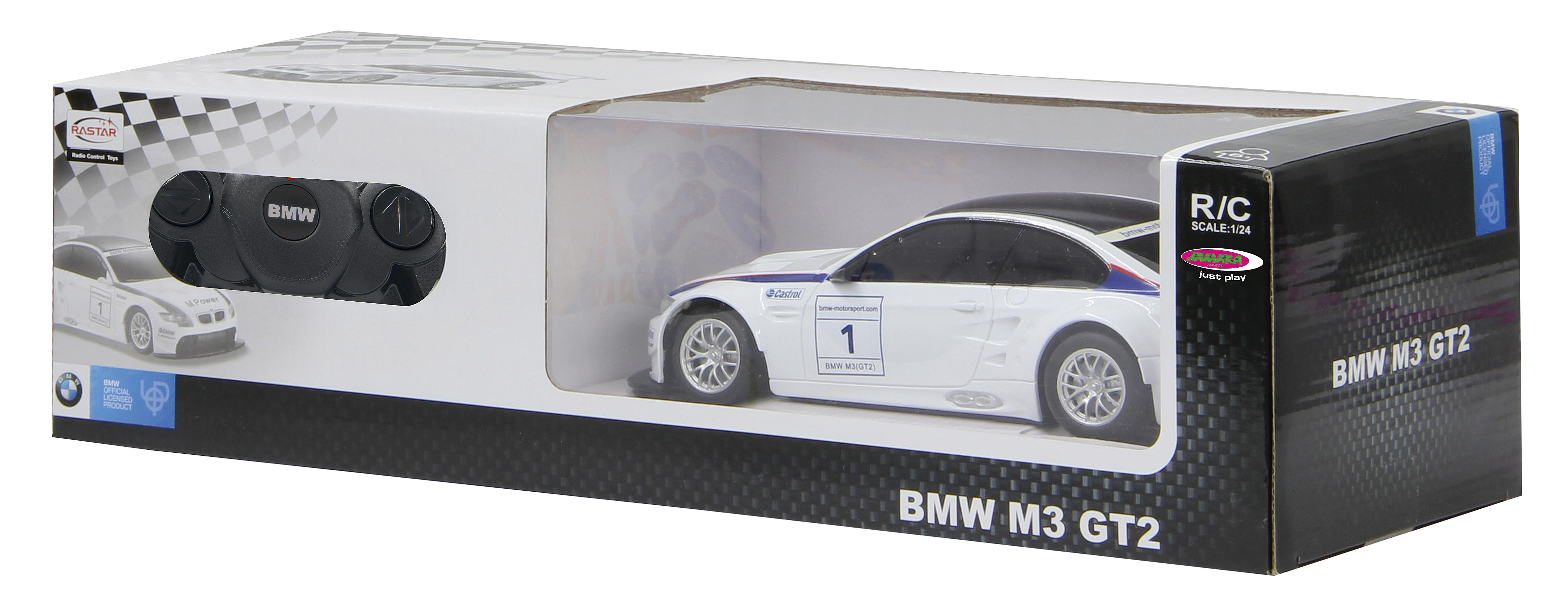Pudełko białego samochodu na radio BMW M3 GT2 z czarnym kontrolerem.