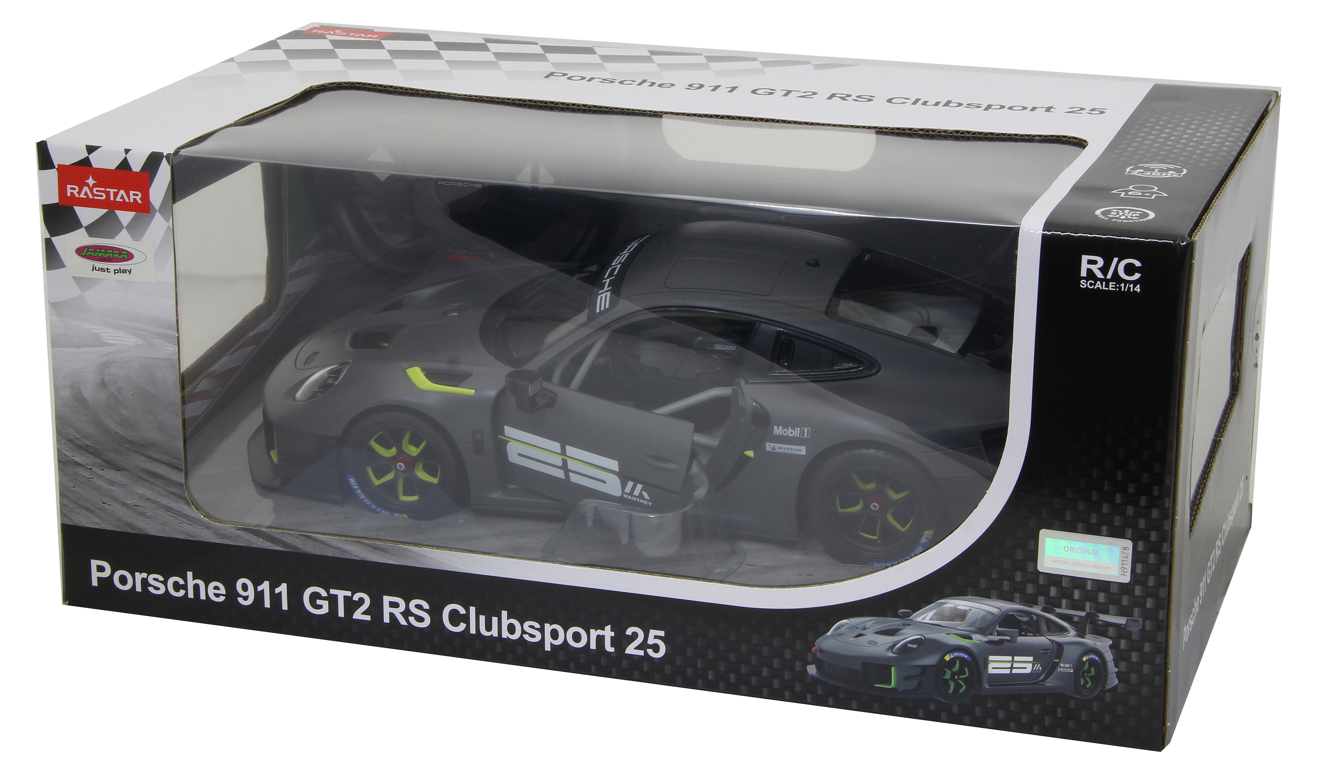 Graues Porsche 911 GT2 RS Clubsport 25 Spielzeugauto im Karton mit Aufklebern.