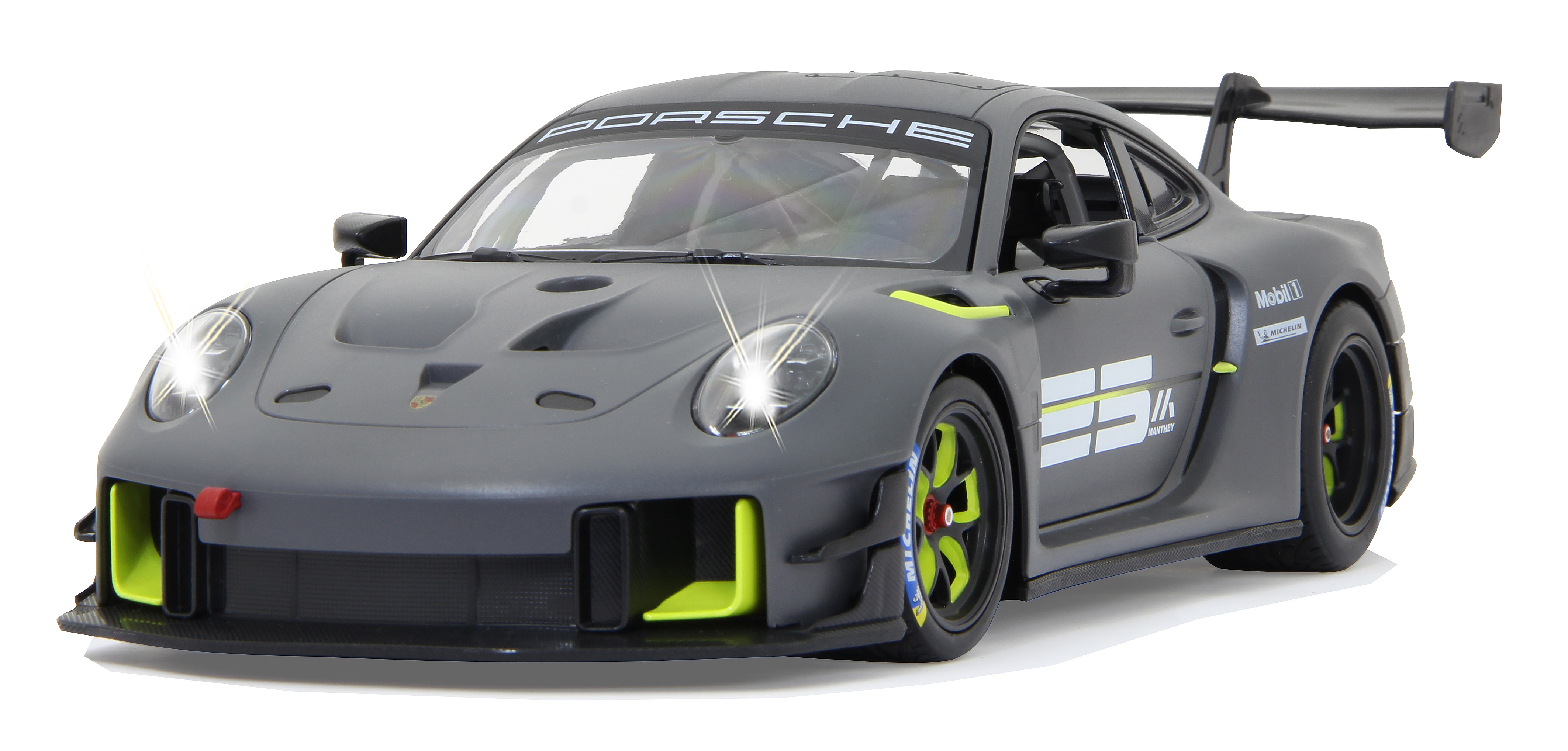 Ein graues Porsche-Rennauto mit gelben Akzenten und Michelin-Reifen.