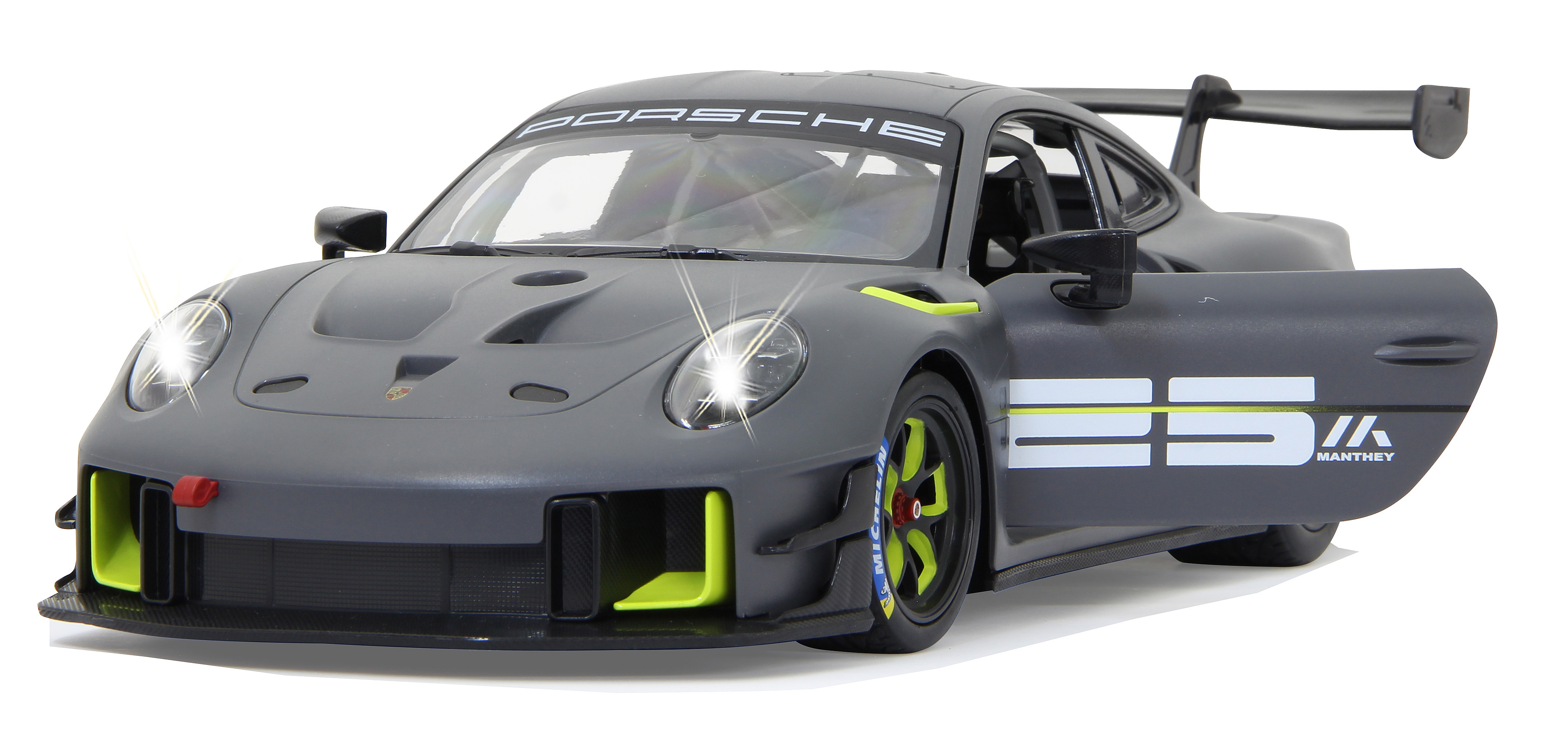 Grauer Porsche GT3 RS Spielzeugauto mit geöffneter Tür und gelben Akzenten.