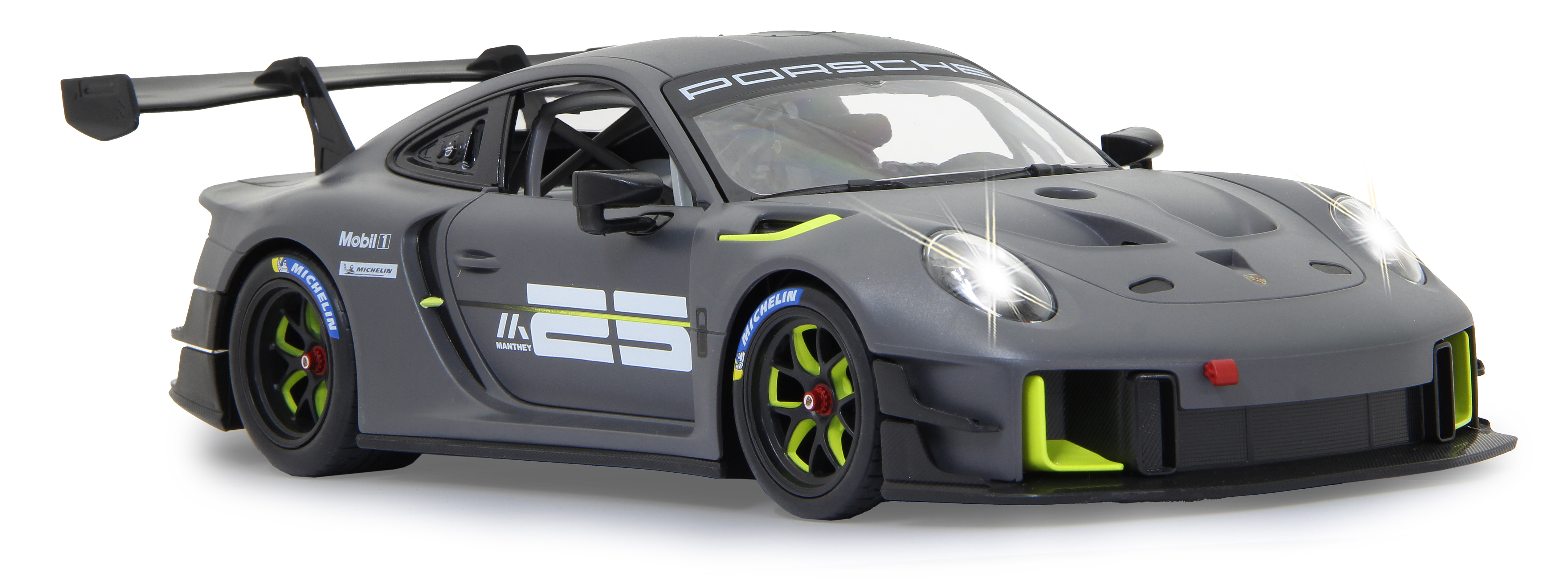 Grauer Porsche GT3 RS mit gelben Akzenten und Michelin-Reifen.