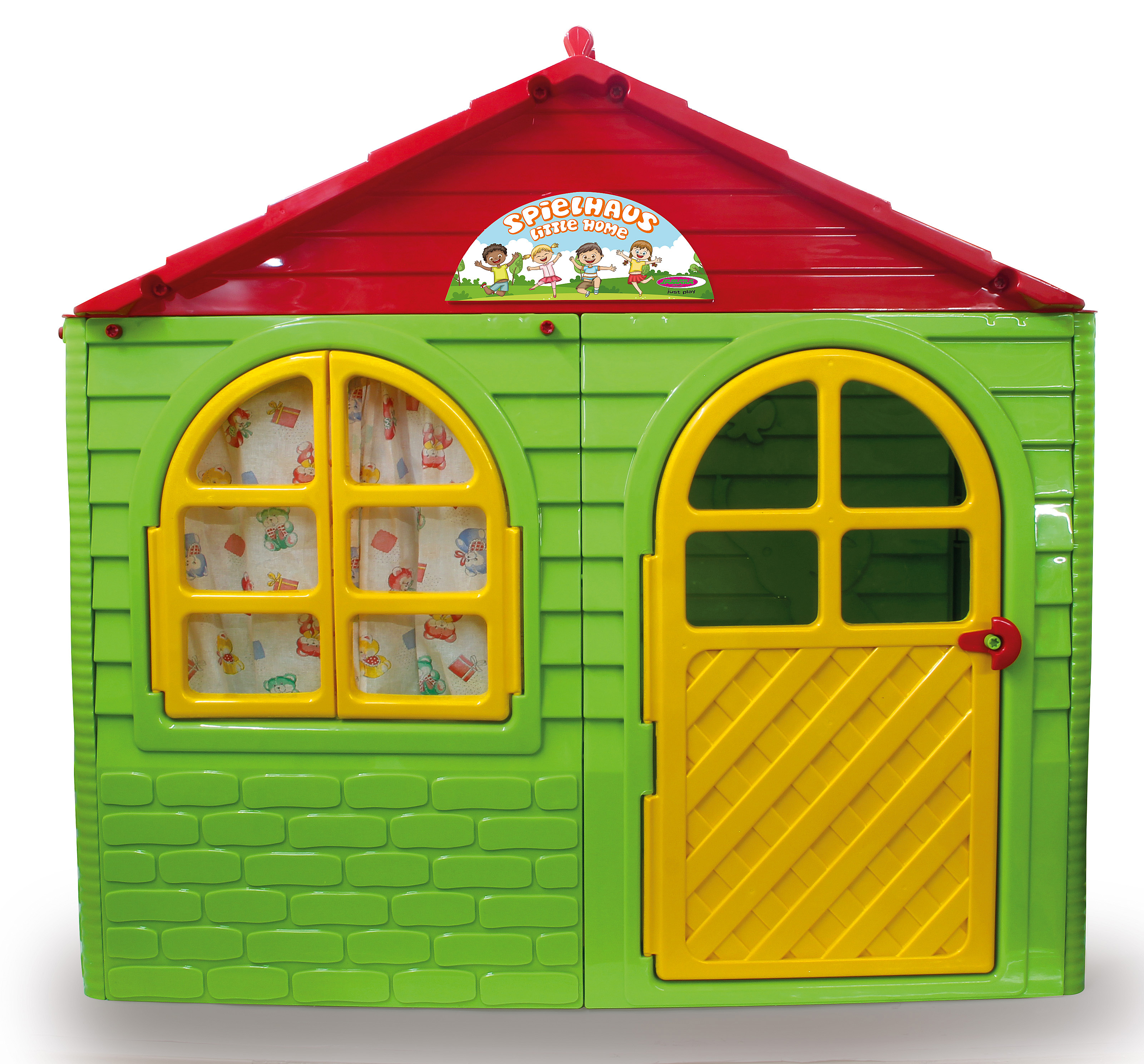 Ein grünes Spielhaus mit rotem Dach und gelber Tür.