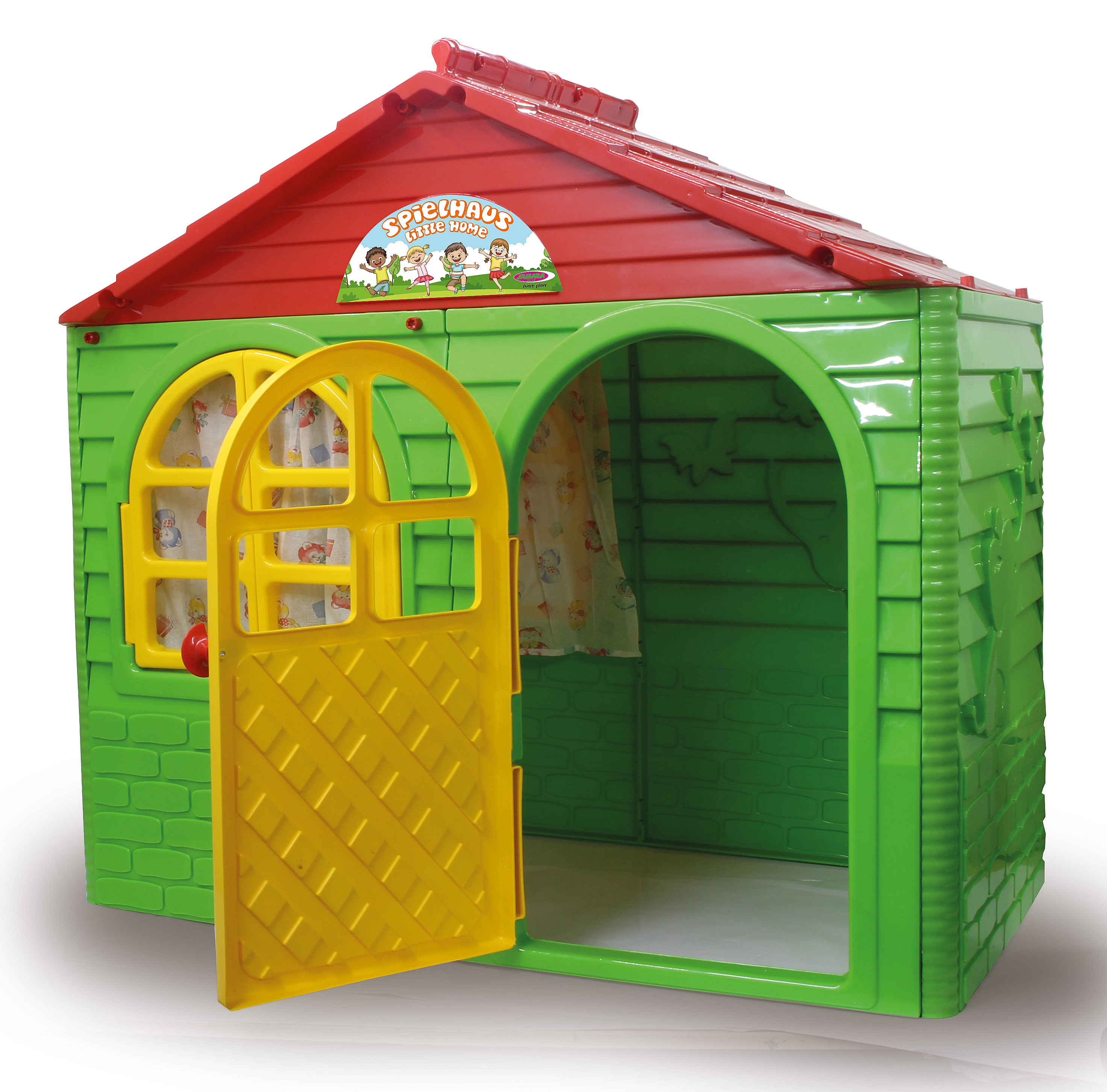 Ein grünes Spielhaus mit rotem Dach. Die gelbe Tür ist offen.