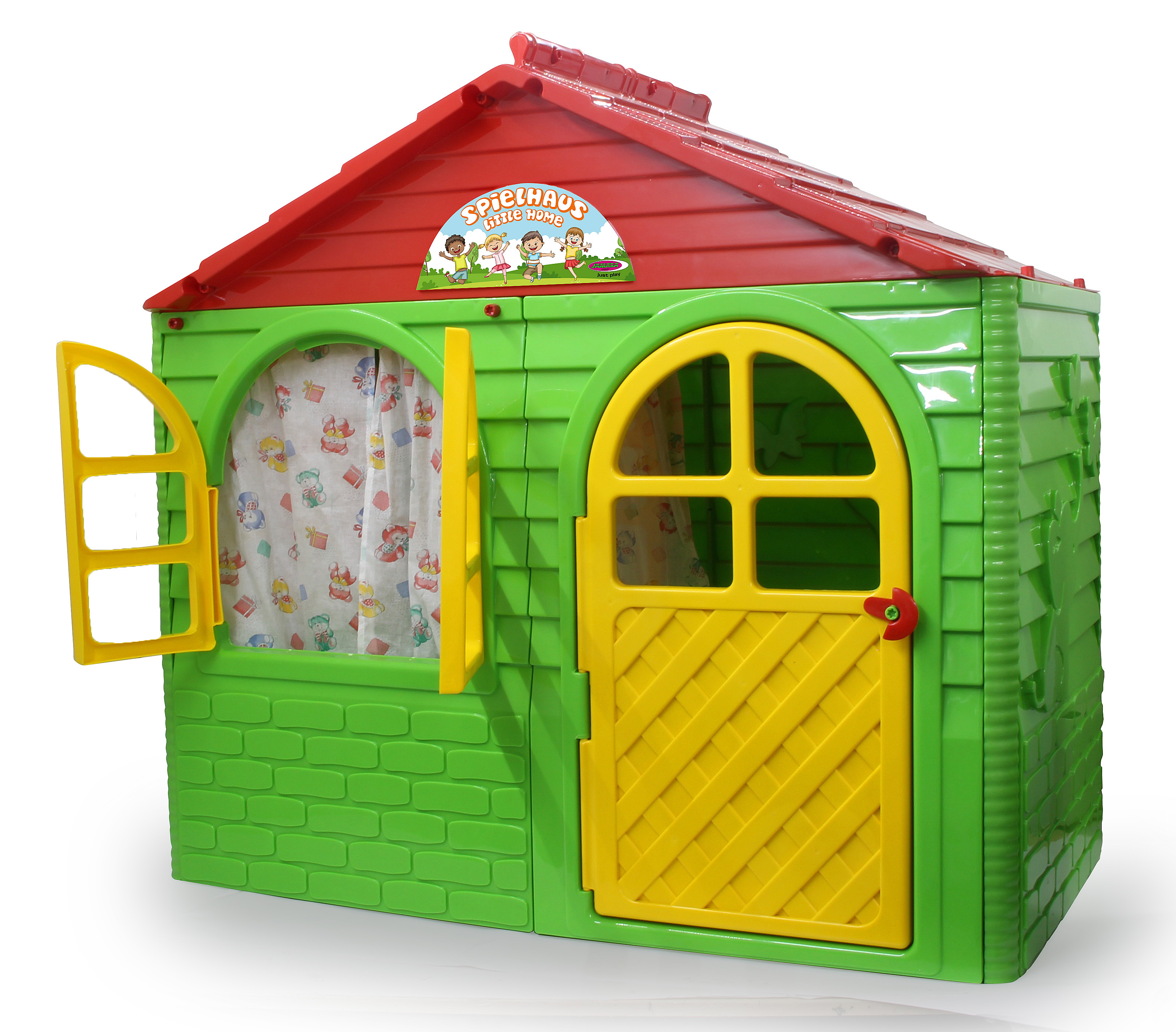 Ein grünes Spielhaus mit rotem Dach, gelber Tür und gelbem Fenster.