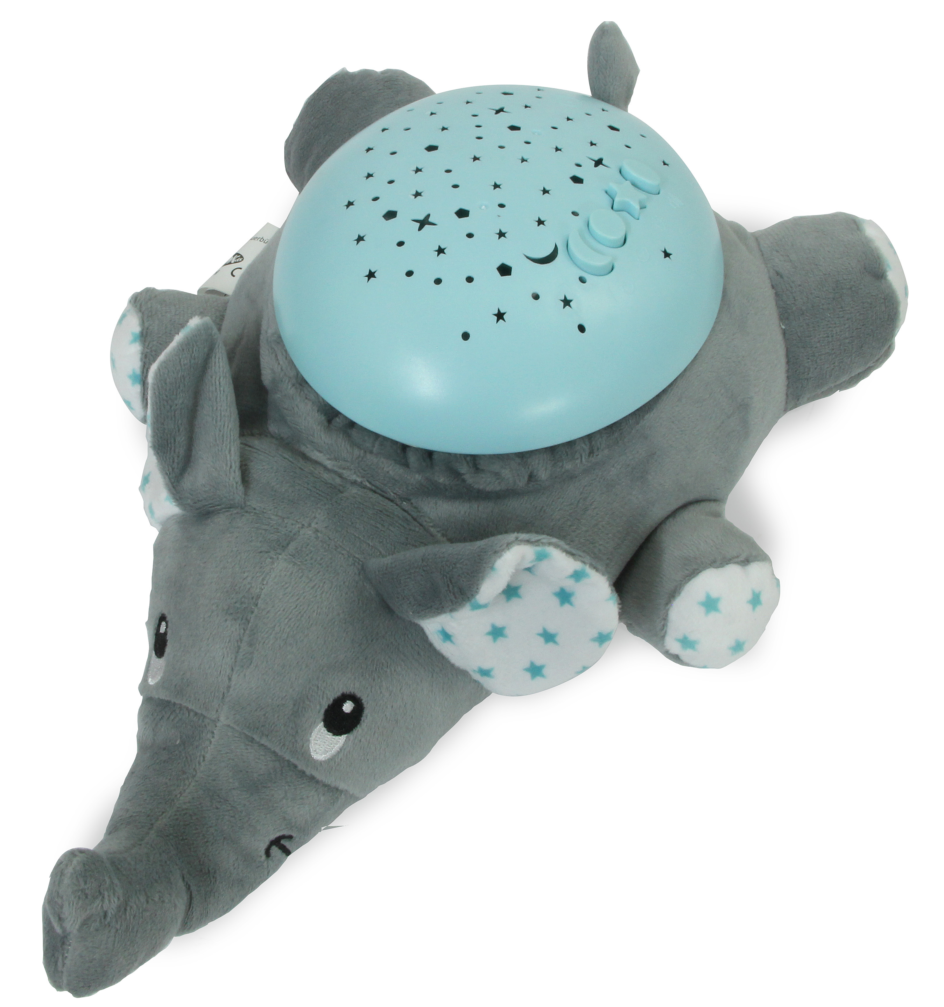 Grauer Elefant mit blauem Sternen-Projektor auf dem Rücken.