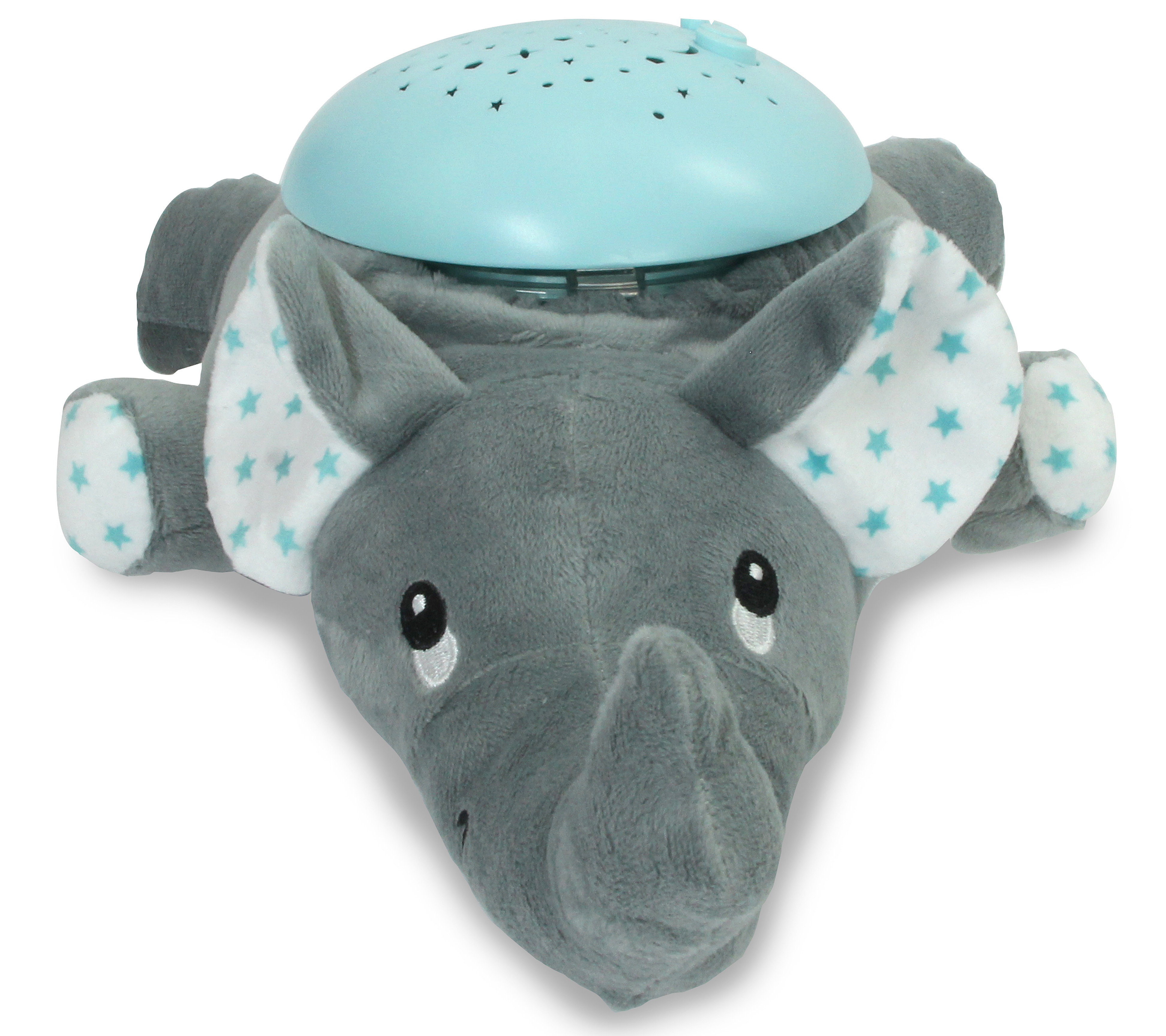 Grauer Plüschelefant mit blauem Sternenmuster auf Ohren und Füßen.